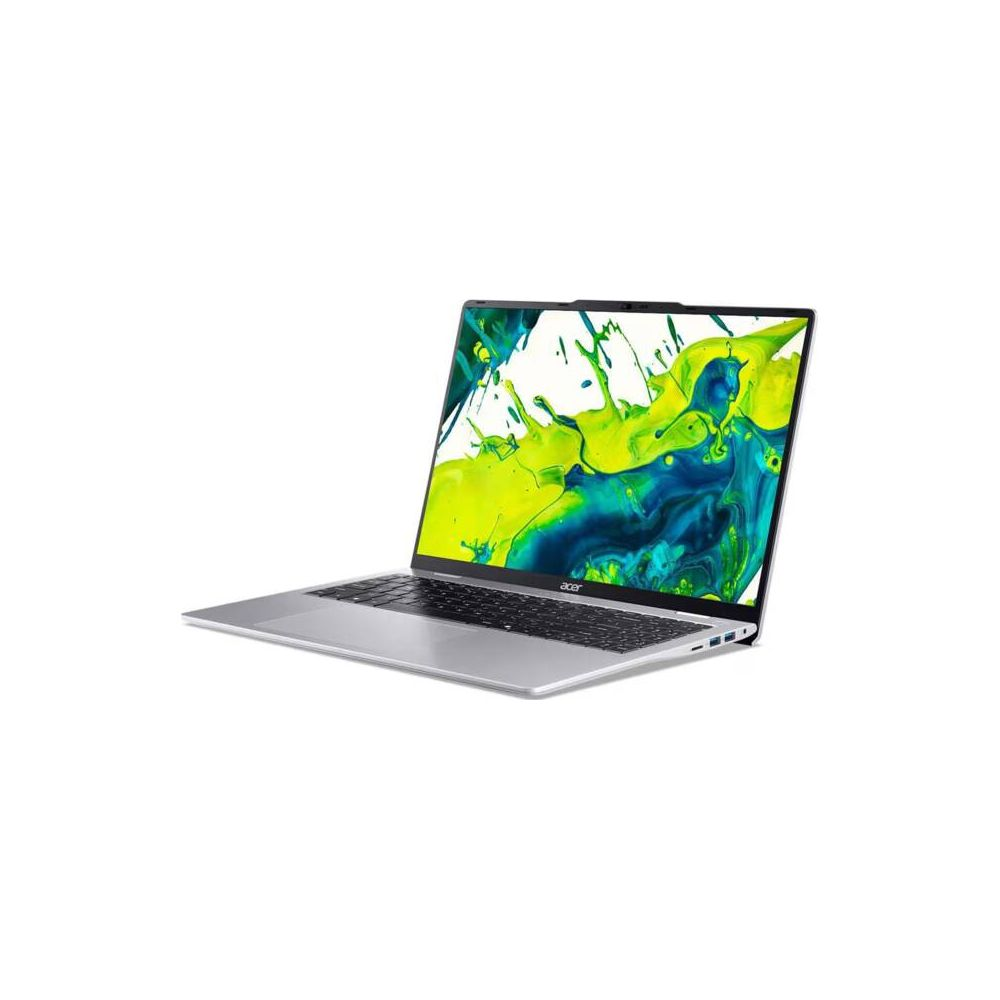 Un ordinateur portable Acer argenté avec l'écran ouvert affiche un fond abstrait bleu et vert.