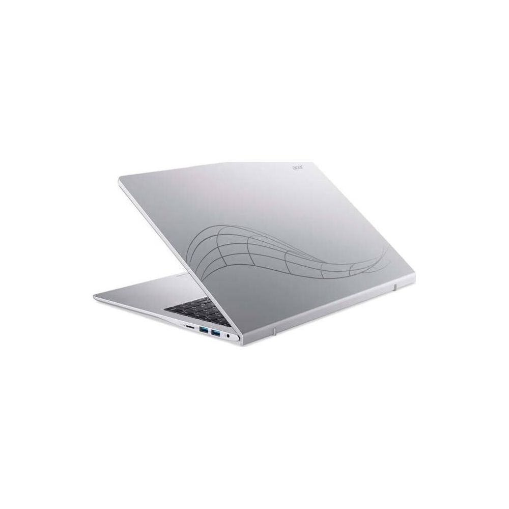 Un ordinateur portable Acer argenté avec un motif de grille ondulée sur le couvercle sur fond blanc.