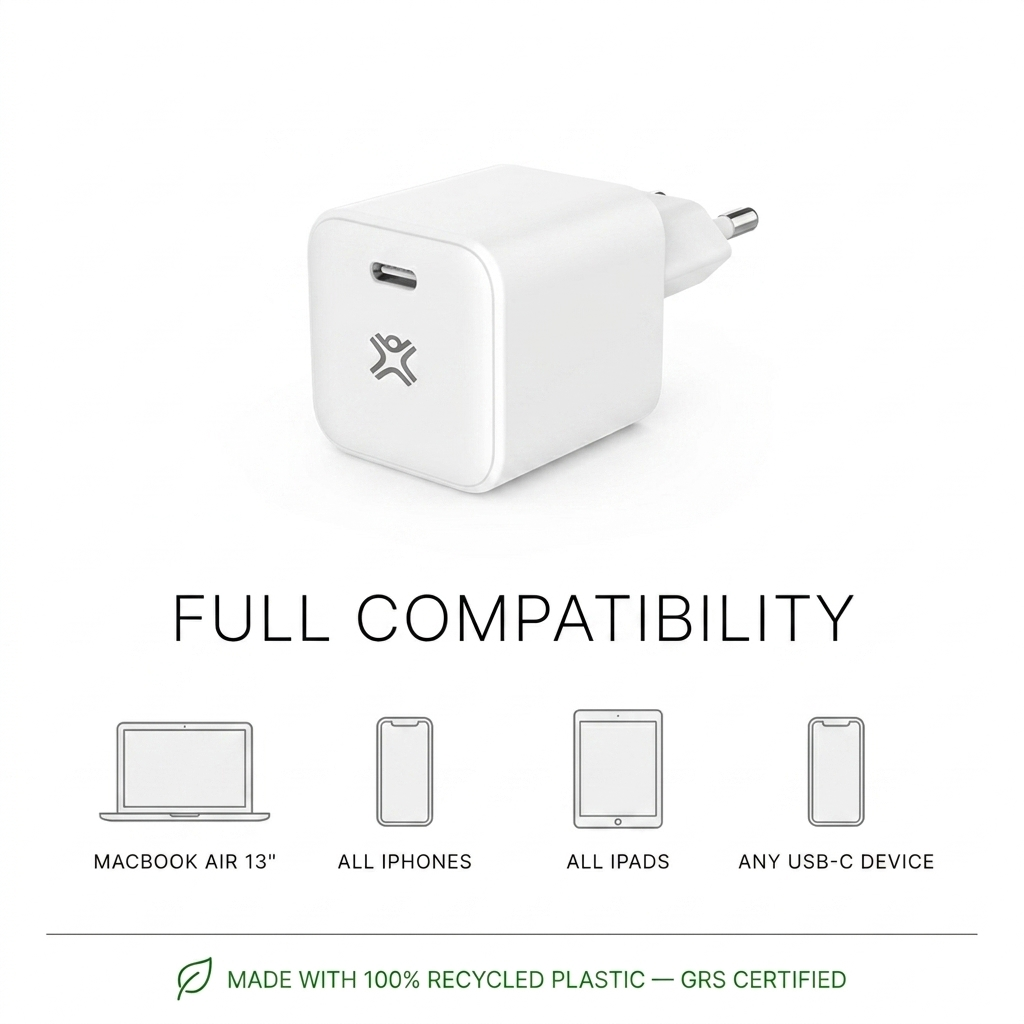 Cargador USB-C blanco compatible con MacBook, iPhones y iPads, fabricado con plástico reciclado.