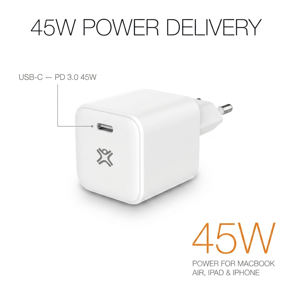 Cargador de pared USB-C blanco de 45W con enchufe y texto.