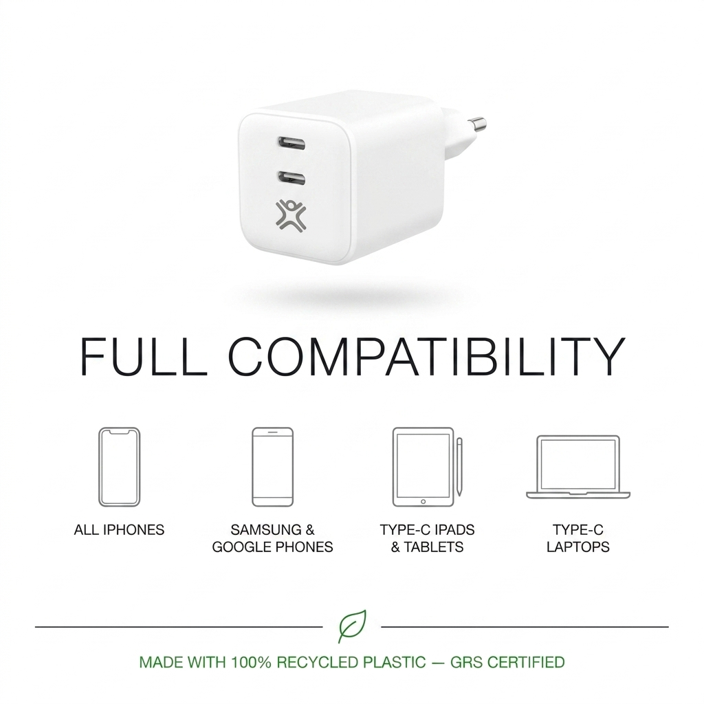 Cargador blanco de pared con dos USB-C y compatibilidad con iPhones, Samsung, iPads y ordenadores.
