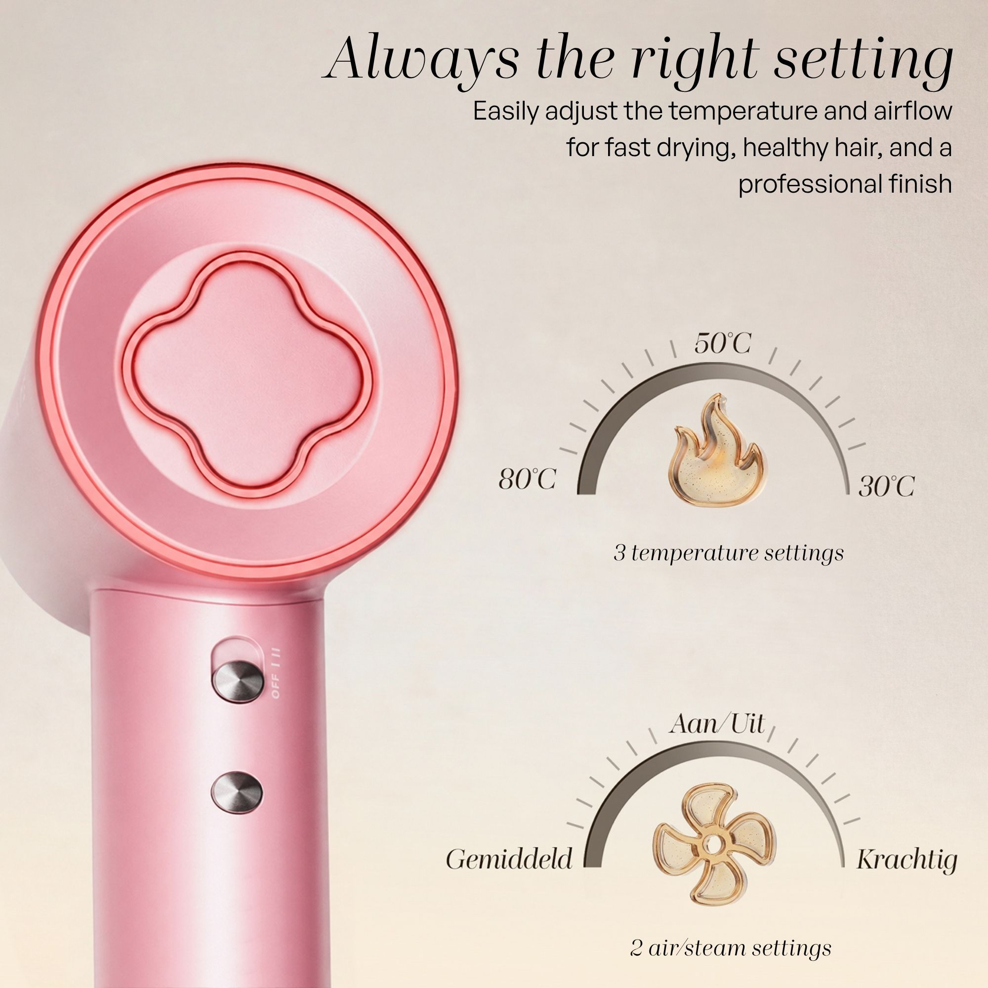Asciugacapelli rosa con manopole per temperatura da 30°C a 80°C e due impostazioni d'aria, con testo promozionale.