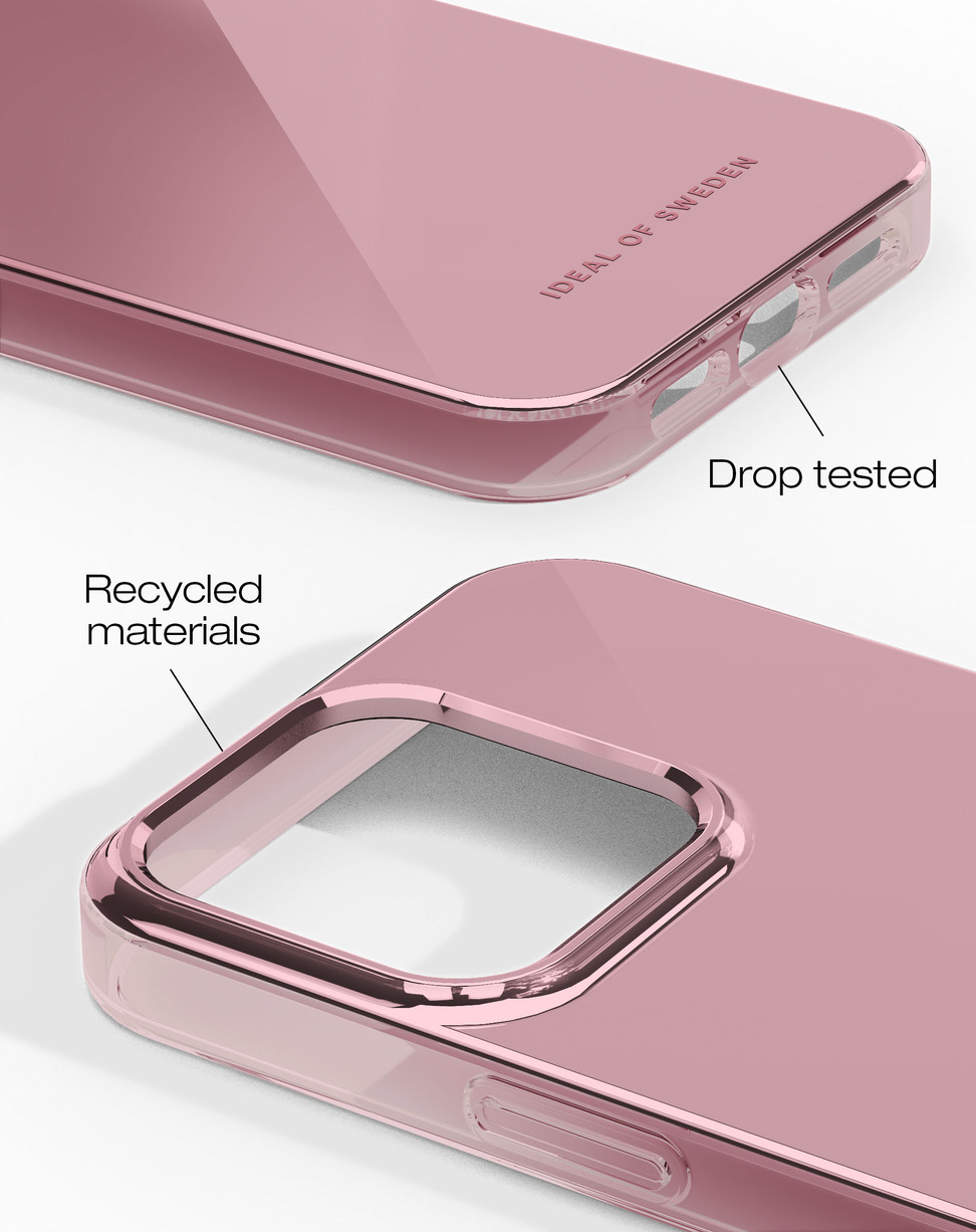 Rosa Smartphone-Hülle mit Texten für sturzgetestet und recycelte Materialien.