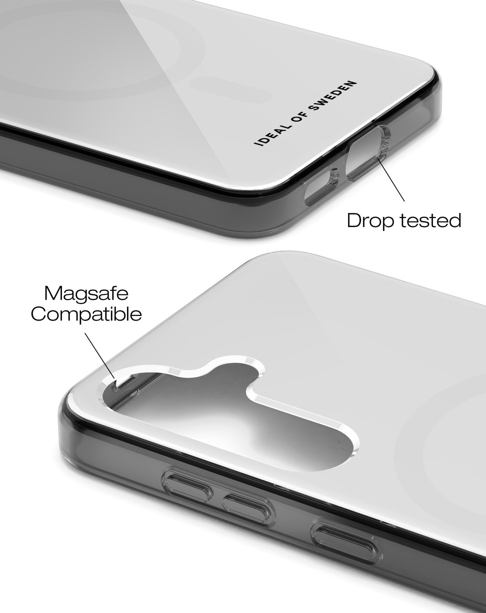 Transparente Handyhülle mit Aufschrift 'Ideal of Sweden', gekennzeichnet als Magsafe-kompatibel und sturzgeprüft.