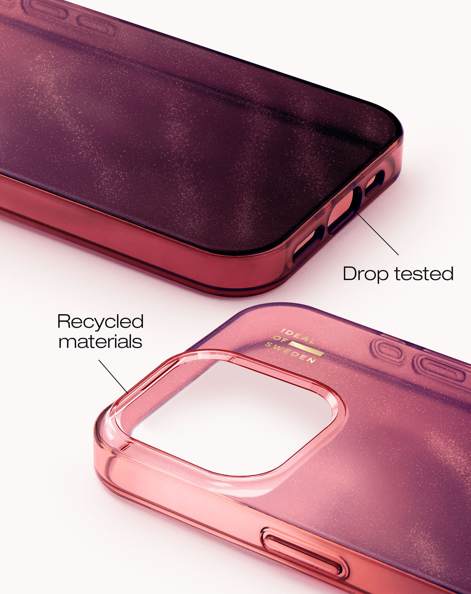 Zwei glänzende, violette Smartphone-Hüllen mit Glitzer zeigen Details zu recycelten Materialien und Falltests.