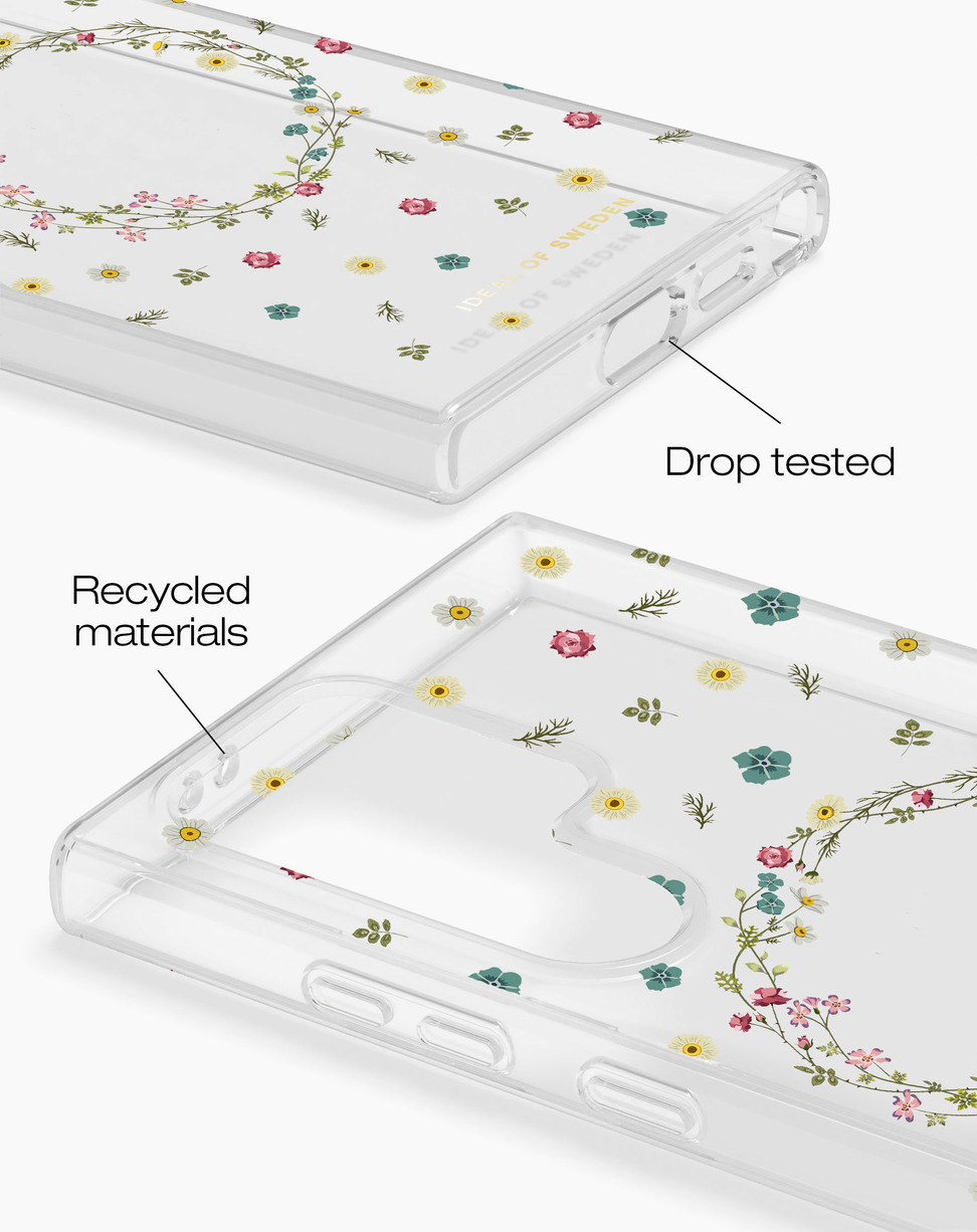 Transparente Handyhülle mit Blumenmuster, die auf Falltests und recycelte Materialien hinweist.