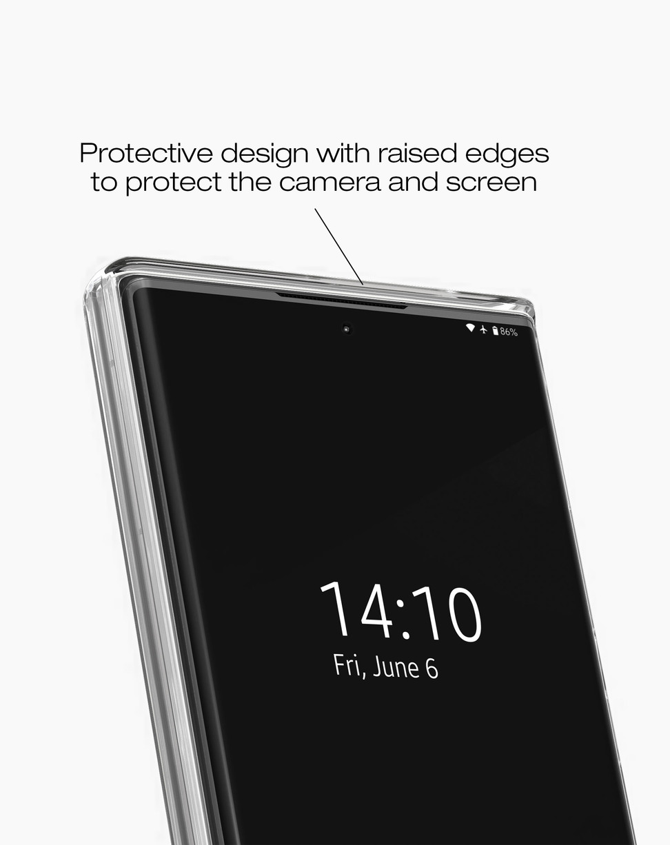 Nahaufnahme eines Smartphones mit transparenter Schutzhülle und leicht erhobenen Rändern.