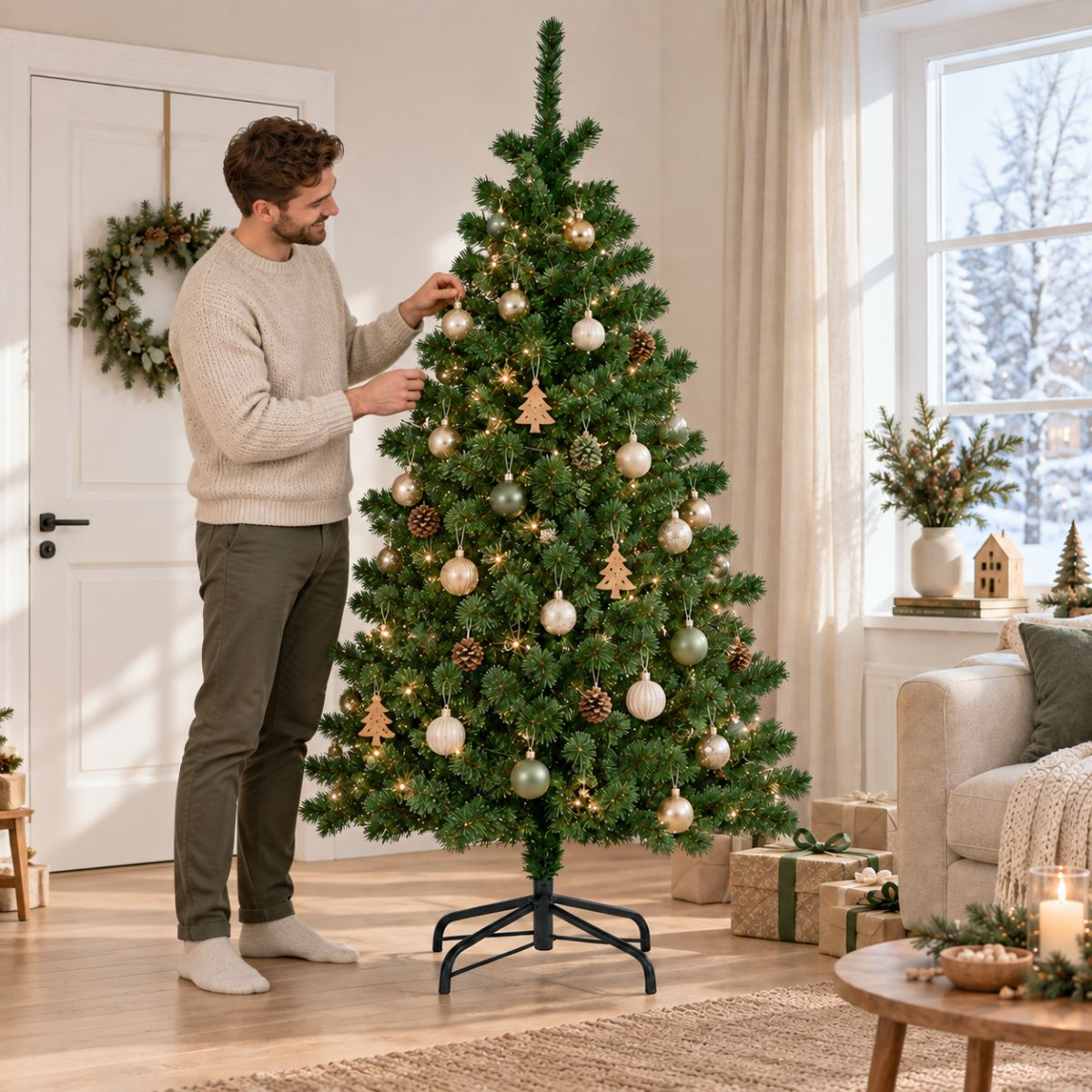 Un homme en pull décore un sapin de Noël dans un salon lumineux et festif.