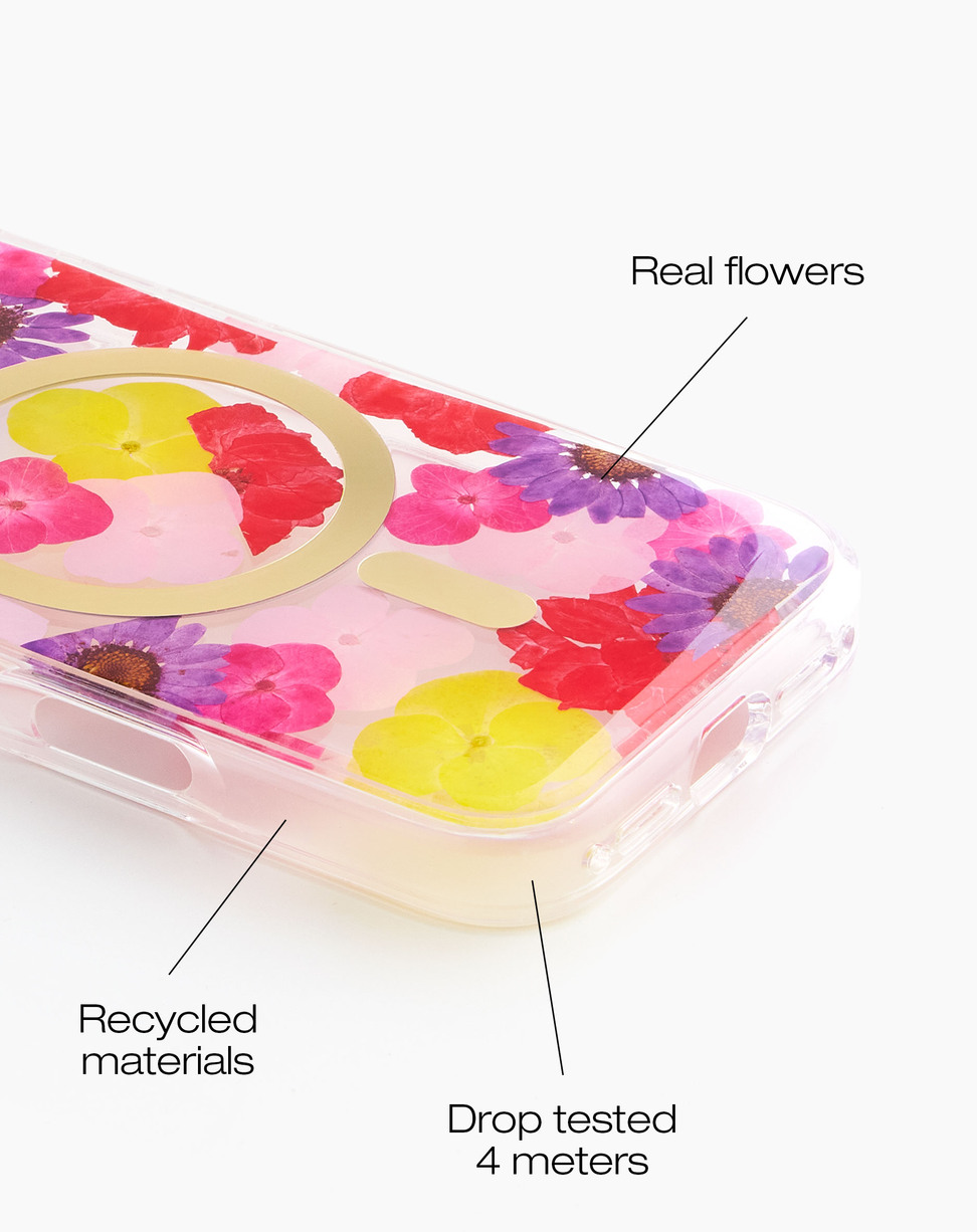 Transparente Handyhülle mit echten bunten Blumen, aus recycelten Materialien und 4m sturzgetestet.