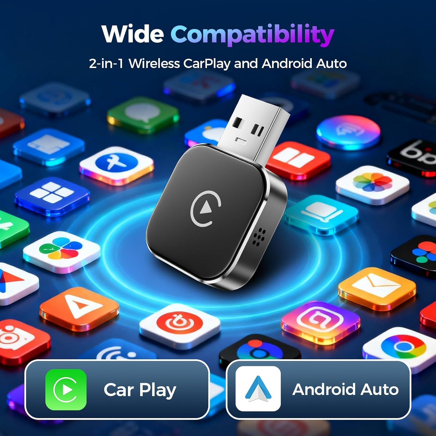 Ein schwarzer Wireless CarPlay und Android Auto Adapter auf blauem Hintergrund mit bunten App-Symbolen.