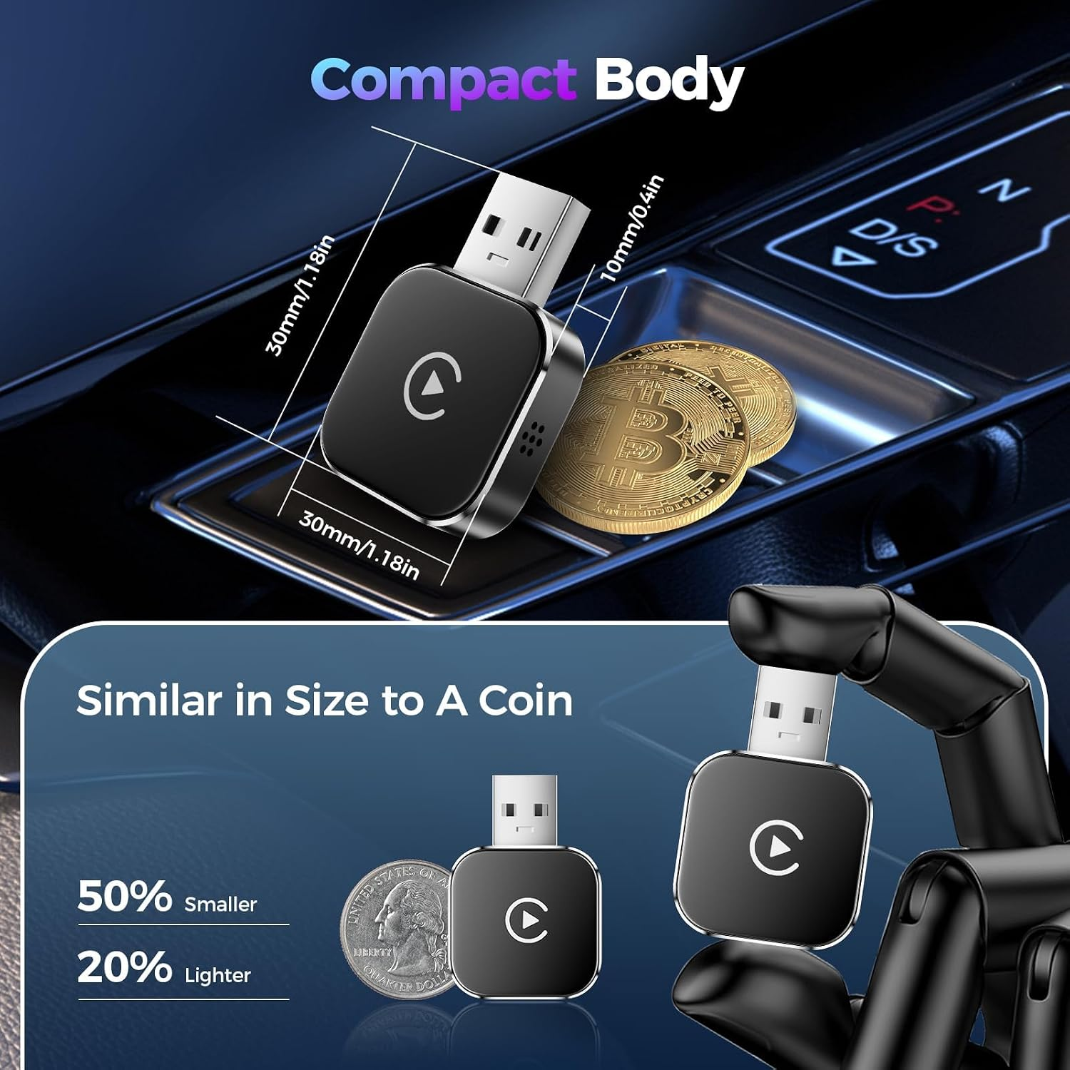 Kompakter USB-Stick mit Abmessungen, Bitcoins und Größenvergleich mit einer Münze.