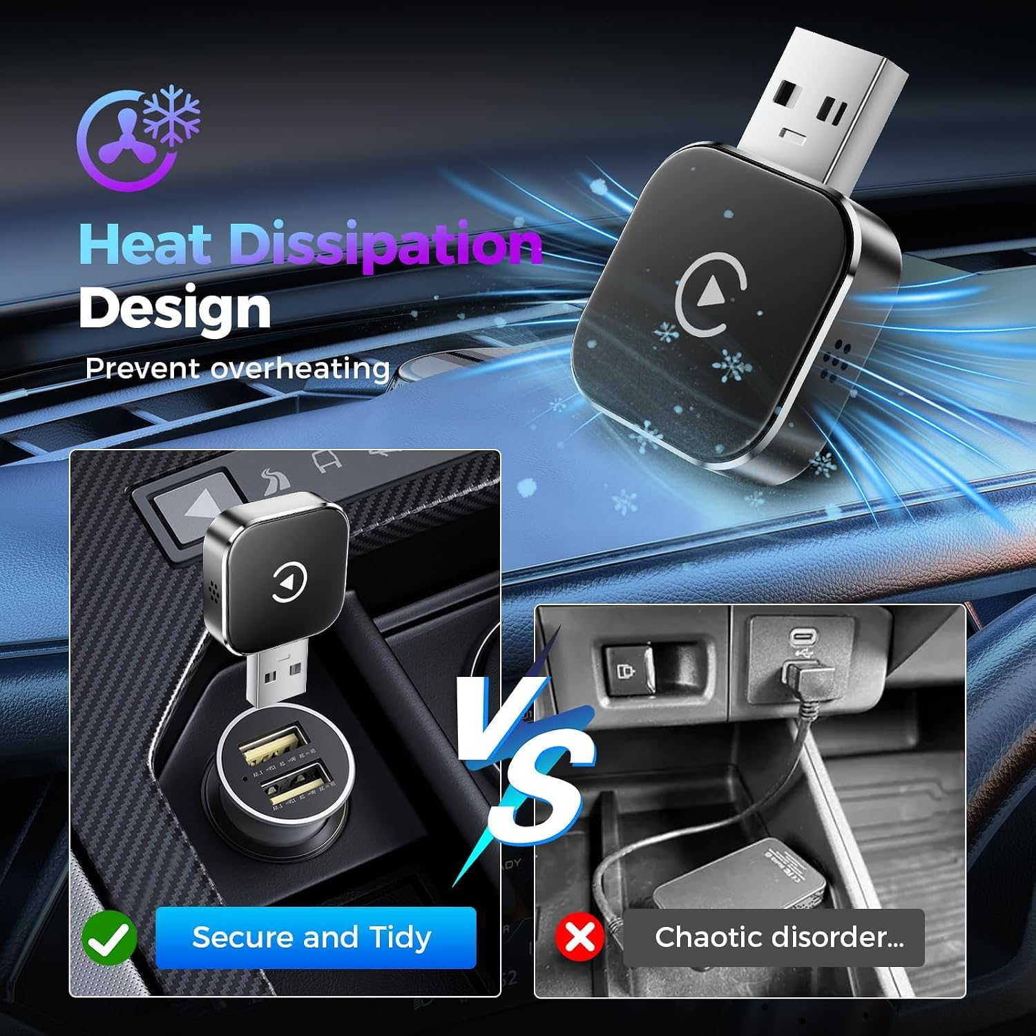 Vergleich eines kompakten USB-Adapters mit chaotischer Verkabelung im Auto.