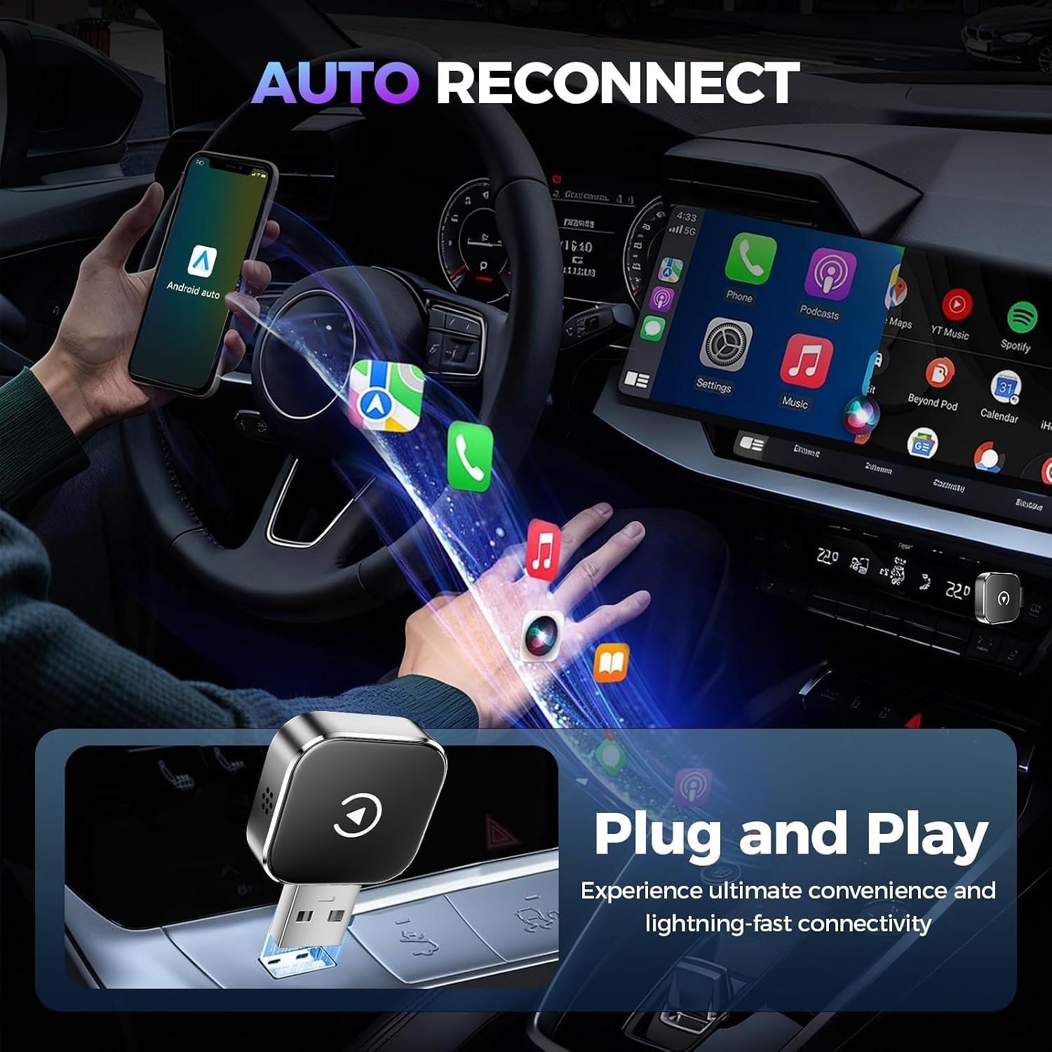 Smartphone verbindet sich kabellos mit dem Auto-Display für Android Auto.