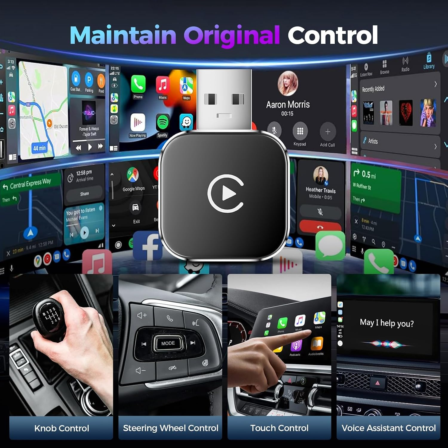 Ein USB-Adapter vor verschiedenen Autodisplays zeigt Steuerungsoptionen wie Gangschaltung und Touchscreen.
