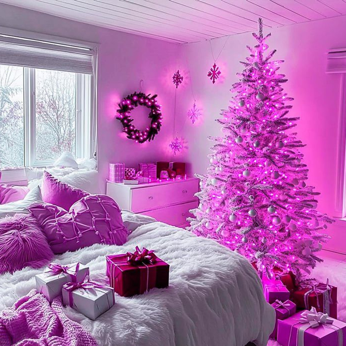 Weihnachtszimmer mit leuchtendem rosa Baum, Geschenken, violetten Kissen und einem beleuchteten Kranz an der Wand.