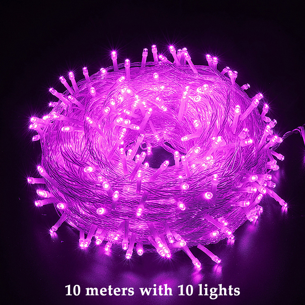 Eine Spule aus leuchtend rosa Lichterketten vor einem dunklen Hintergrund, mit der Aufschrift 10 meters with 10 lights.