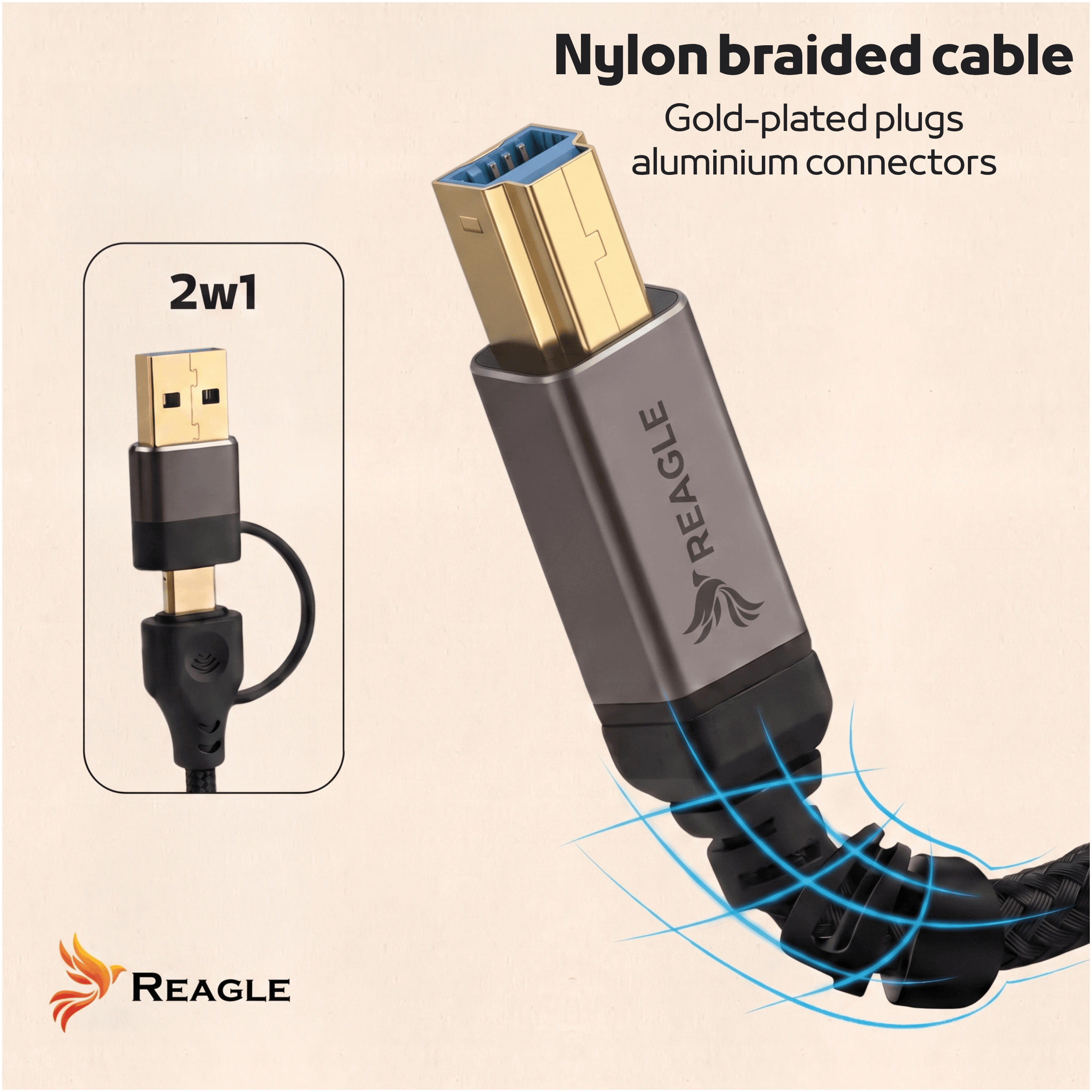 Conector USB chapado en oro con carcasa de aluminio y cable trenzado, inset muestra función 2in1.