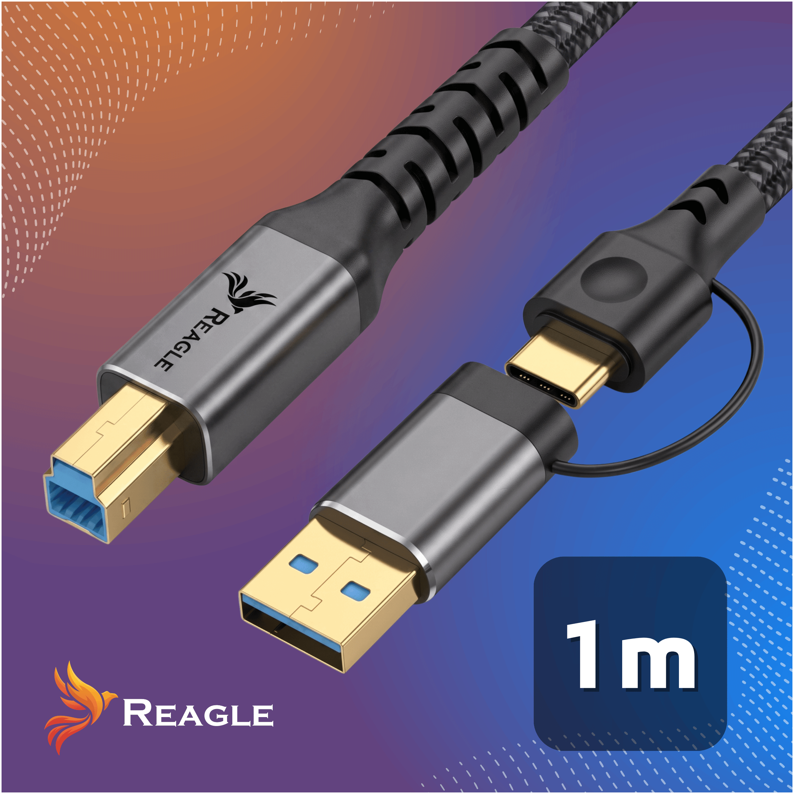 Dos cables USB trenzados con conectores chapados en oro y carcasas grises sobre un fondo degradado.