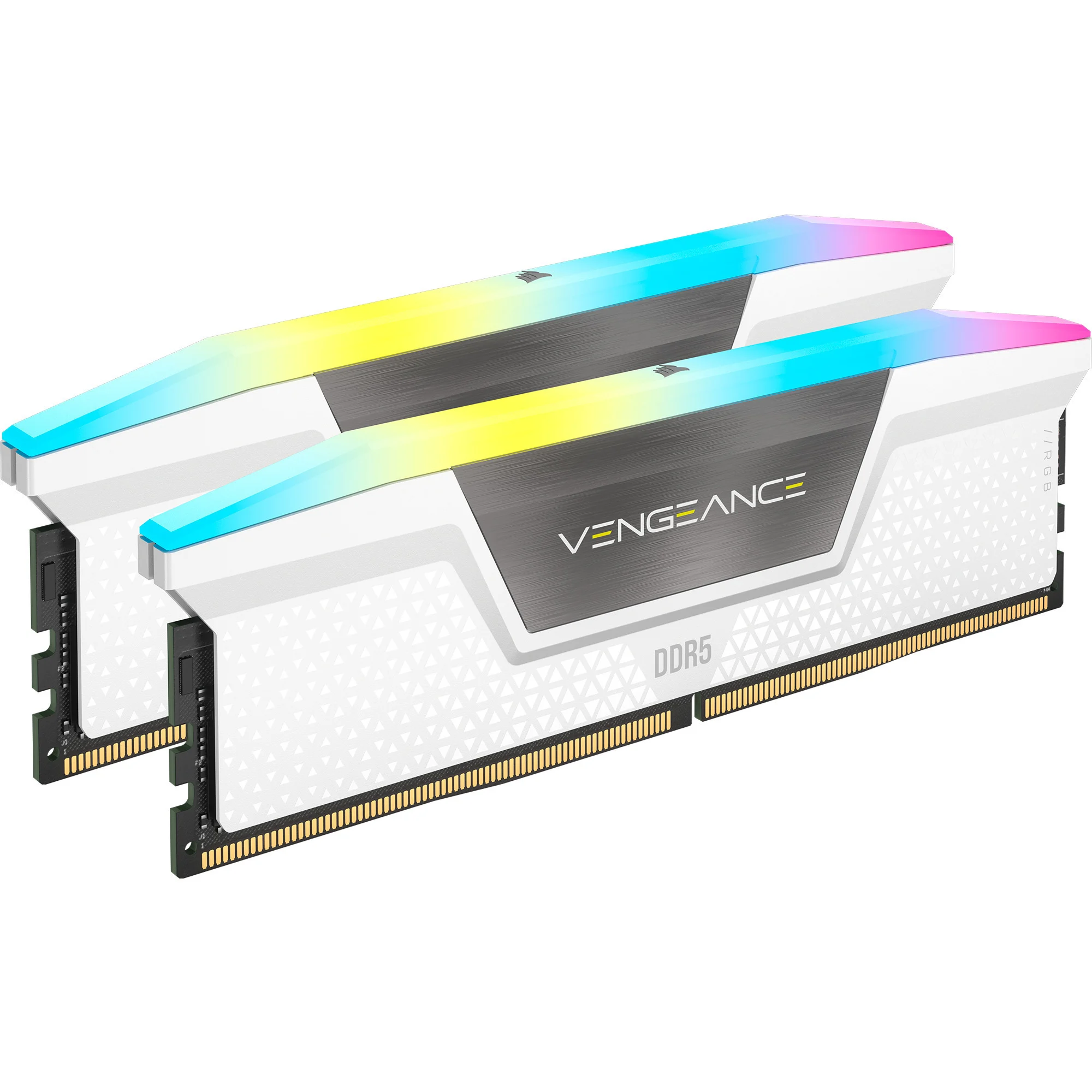 Due moduli RAM Corsair Vengeance DDR5 bianchi con barre luminose RGB multicolore su superficie bianca.