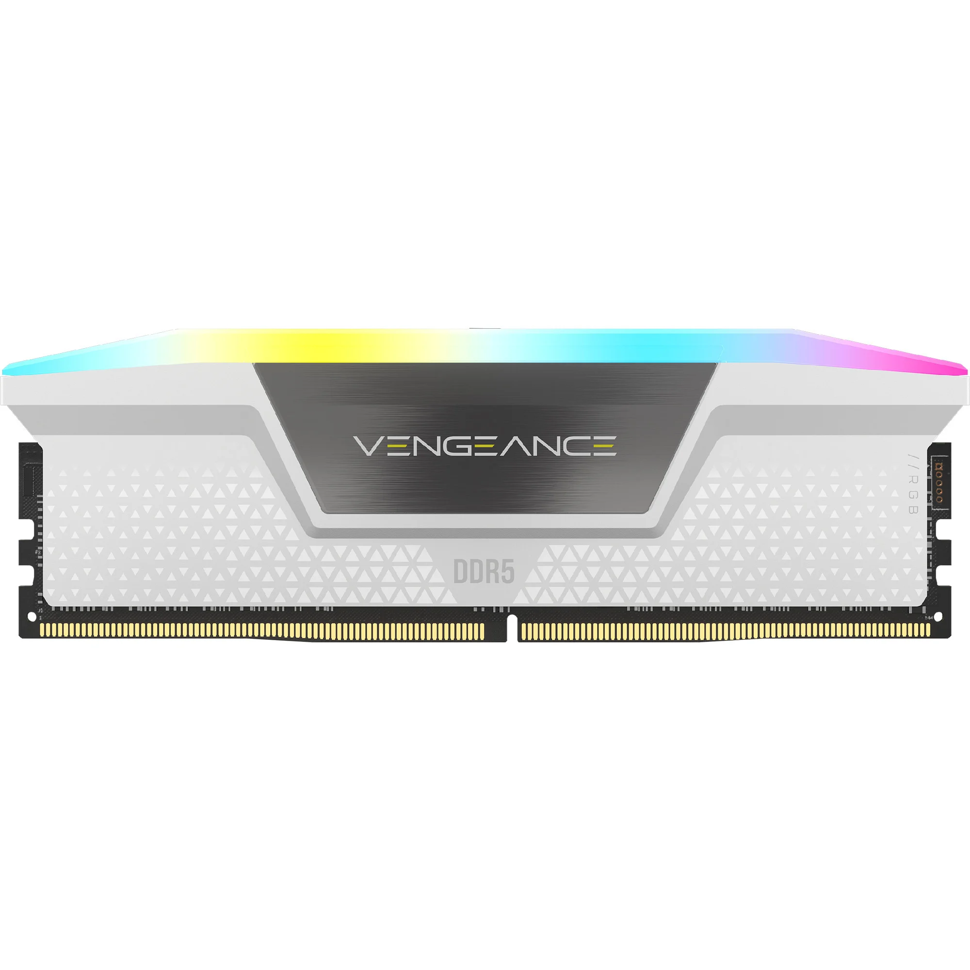 RAM DDR5 Corsair Vengeance bianca con motivo geometrico e barra luminosa RGB in alto.