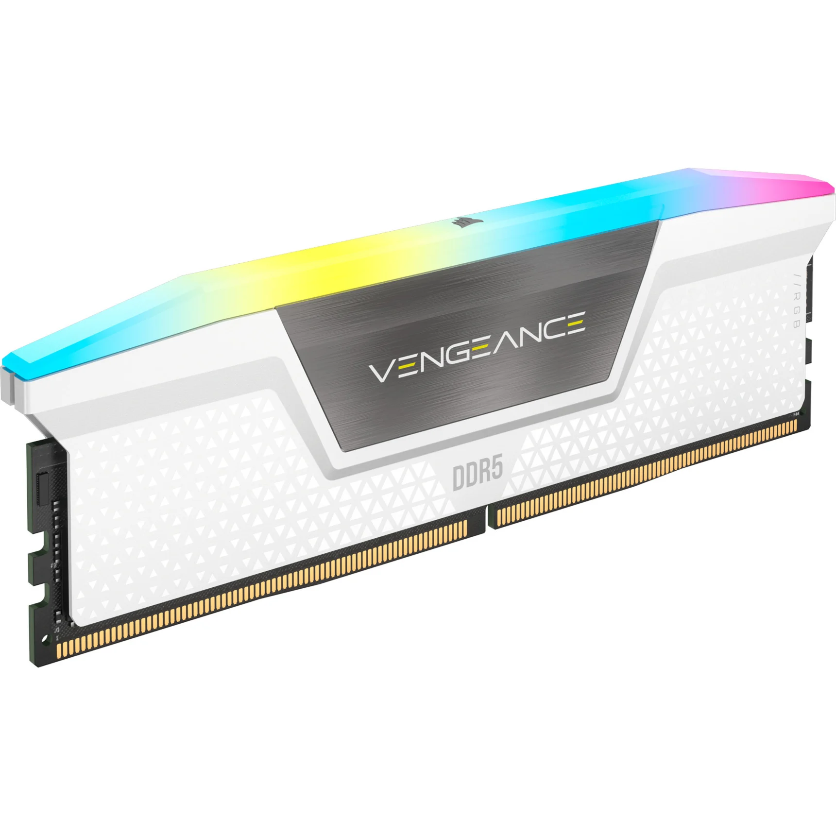 Un banco di RAM DDR5 Corsair Vengeance bianco con illuminazione RGB in alto e piastra centrale argentata.