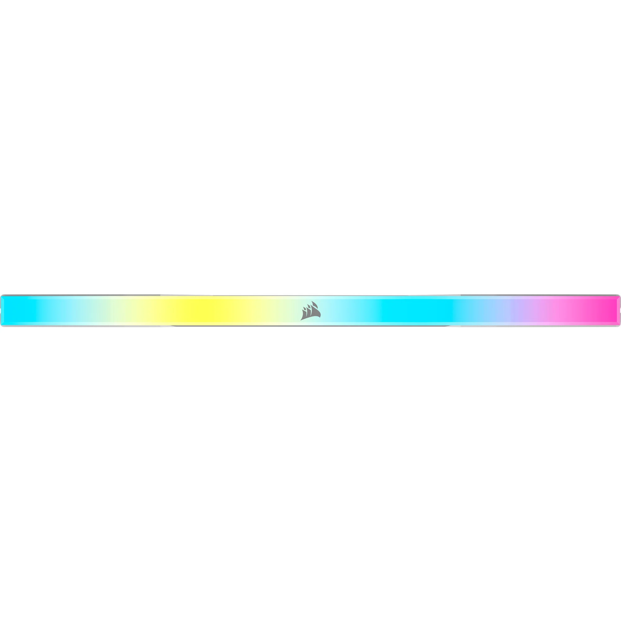Un banco RAM con vivace illuminazione RGB, sfumatura arcobaleno e logo Corsair centrale.