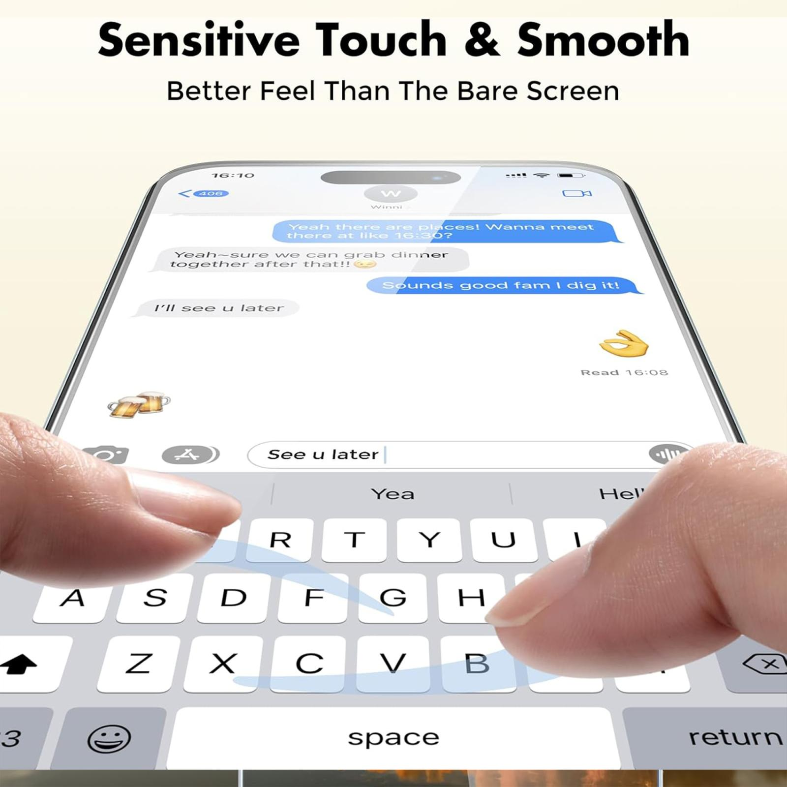 Finger tippen auf eine Smartphone-Tastatur, Textnachrichten im Hintergrund.