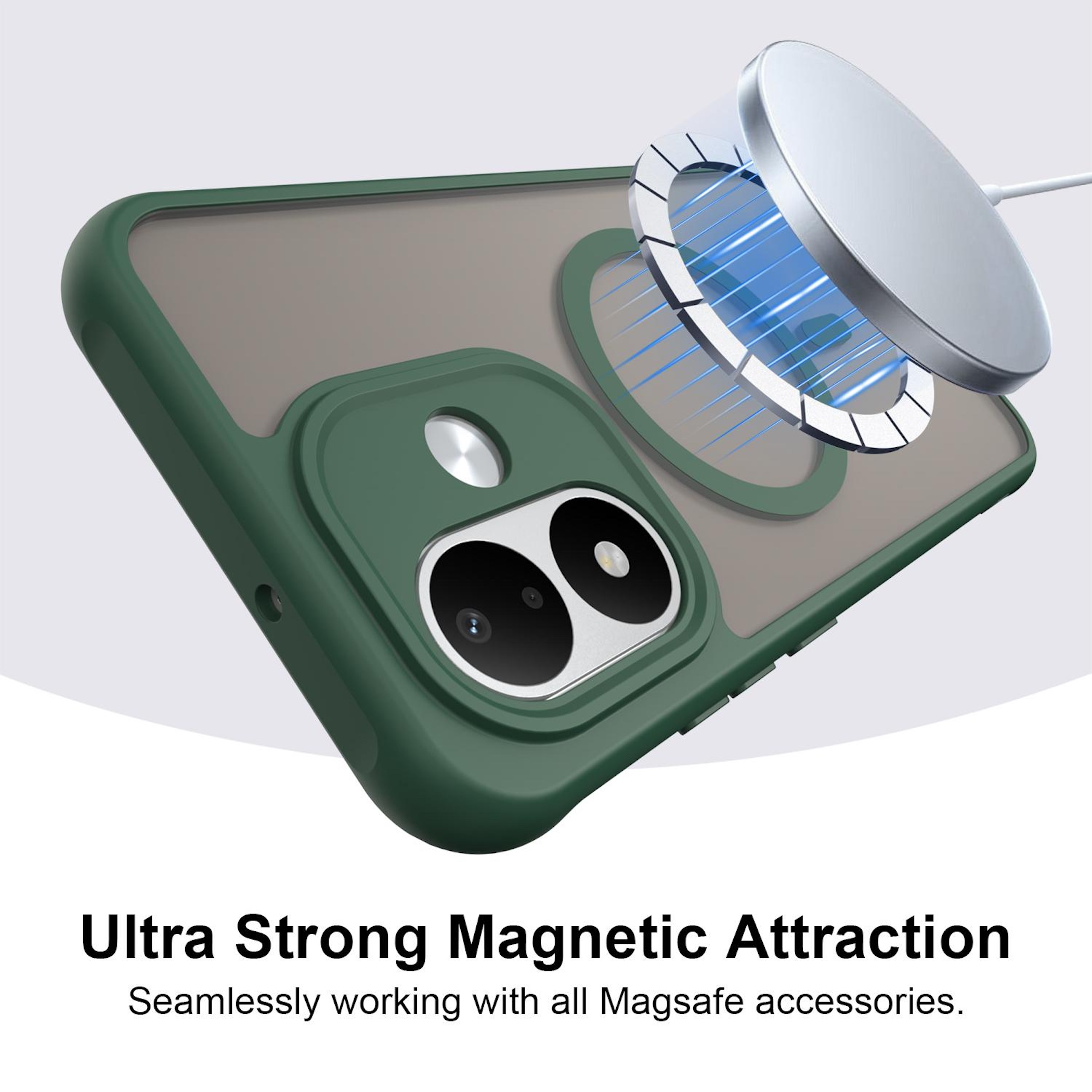 Eine grüne Smartphone-Hülle an einem magnetischen kabellosen Ladegerät mit blauen Linien.