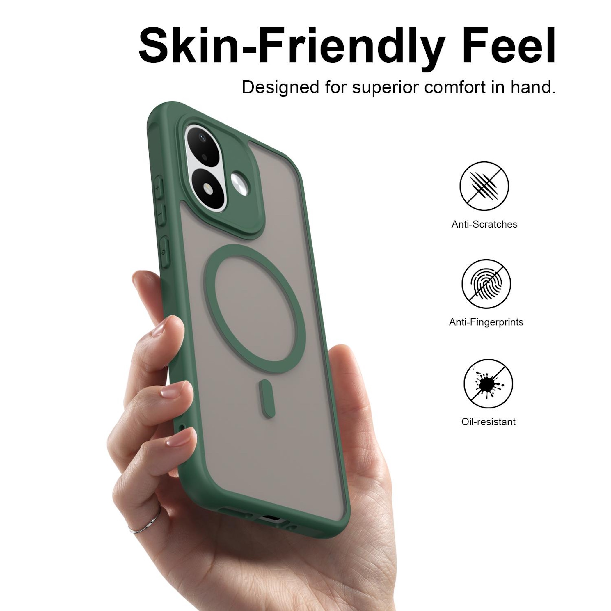 Hand hält eine grüne Handyhülle mit MagSafe-Ring, daneben Symbole für Kratzschutz, Fingerabdrücke und Ölresistenz.