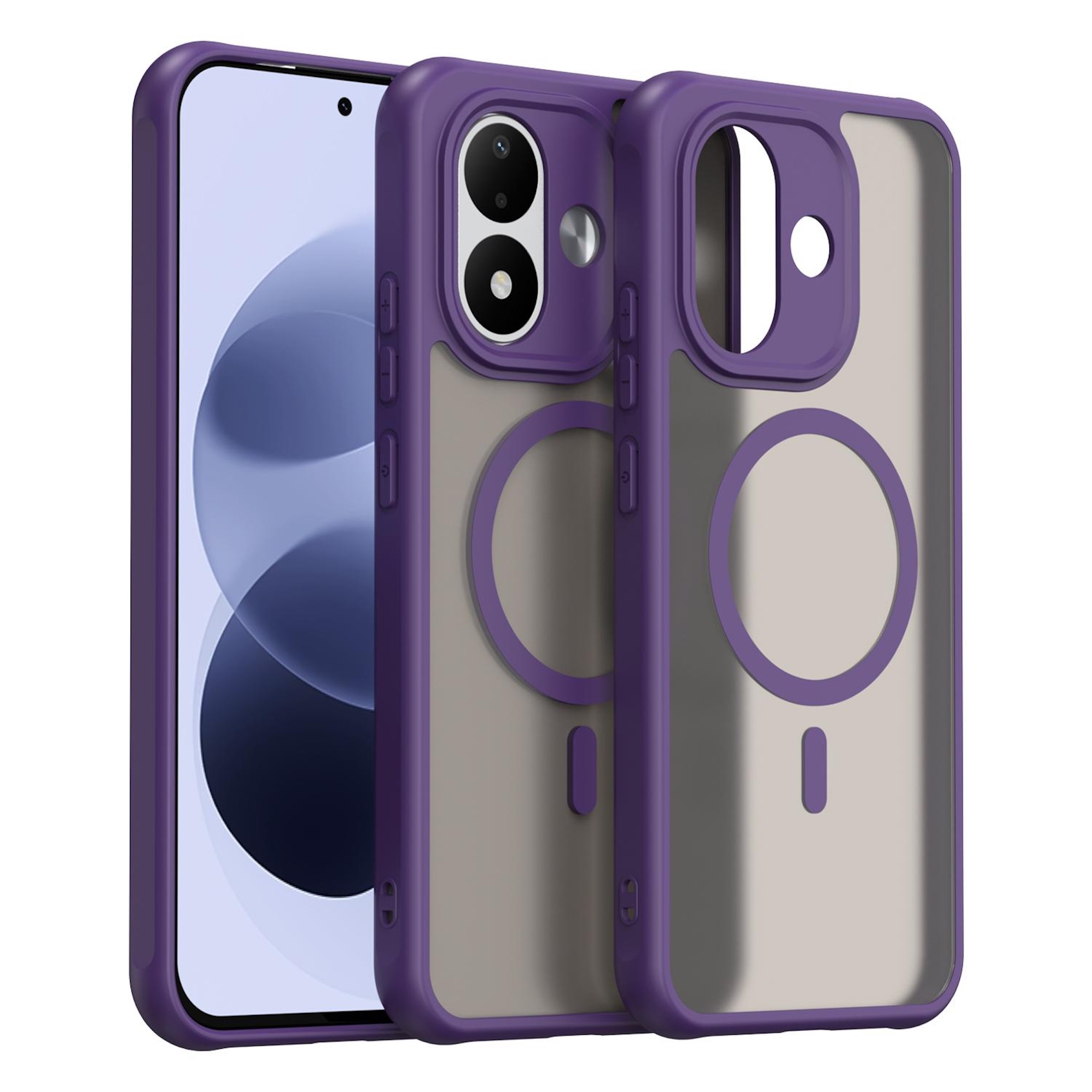 Drei Ansichten einer violetten Smartphone-Hülle mit MagSafe-Ring, klarer Rückseite und Handy-Innenansicht.