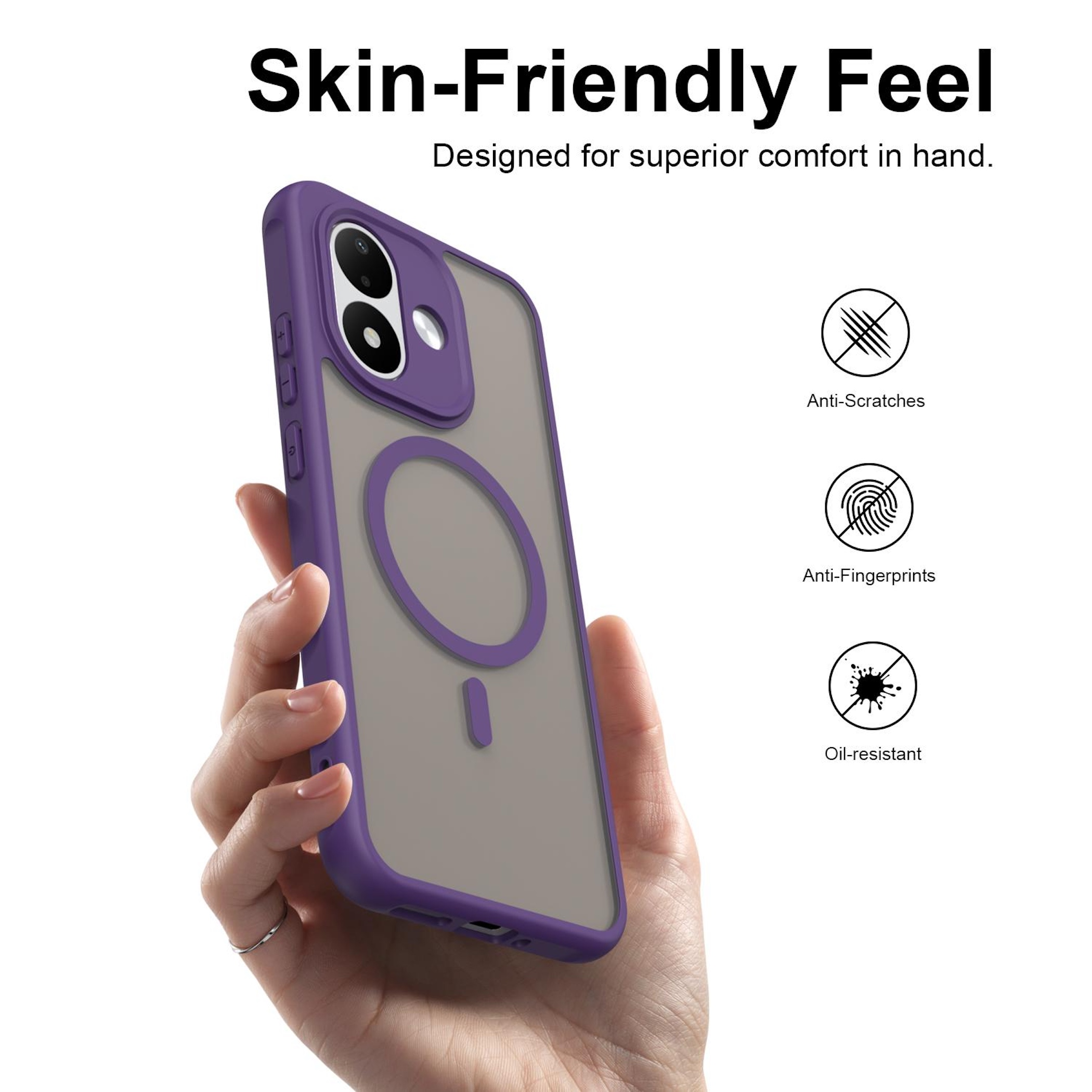 Hand hält lilafarbenes Smartphone in durchsichtiger Hülle mit MagSafe-Ring und drei Feature-Icons rechts.