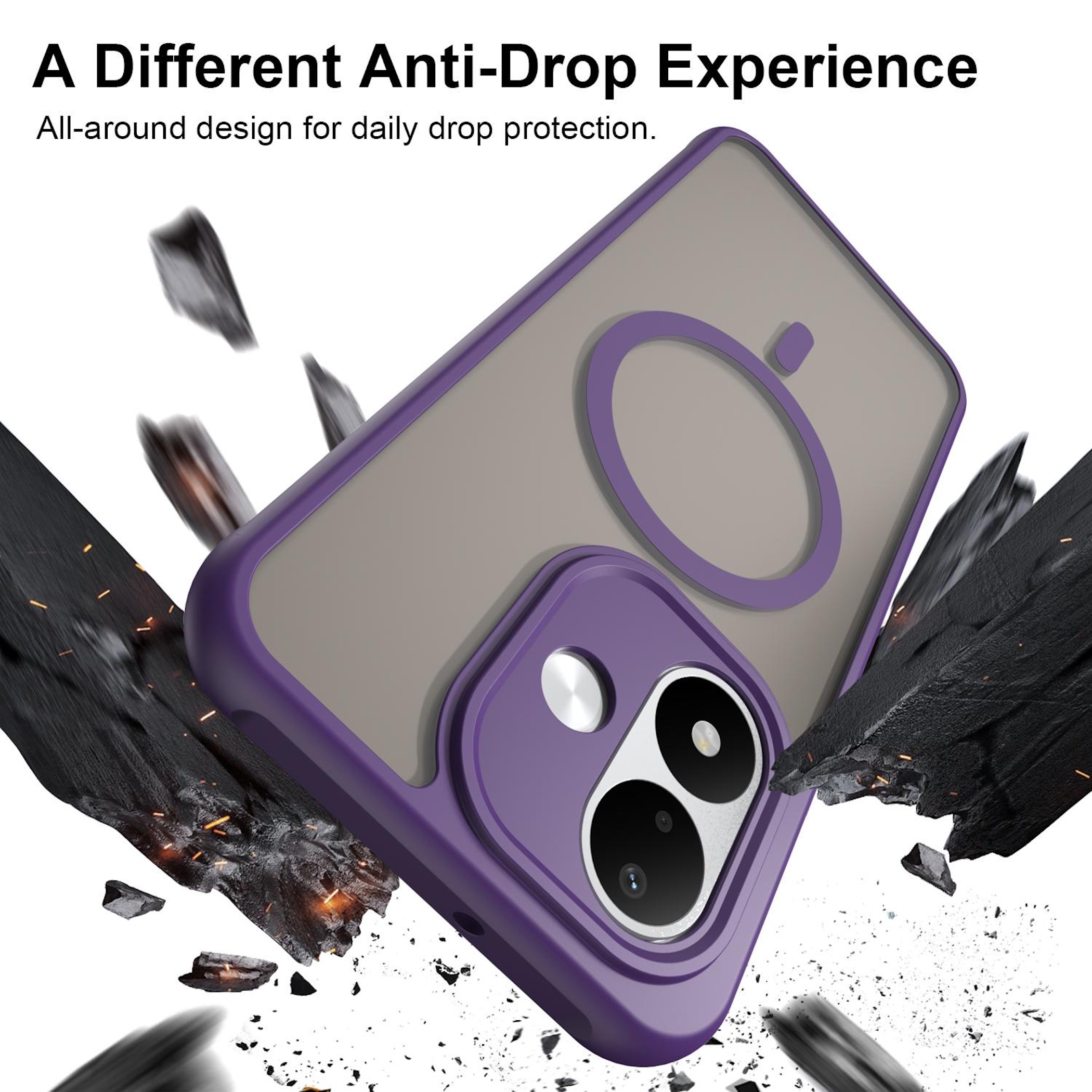 Eine lila Smartphone-Hülle mit MagSafe-Ring, umgeben von fliegenden dunklen Trümmern und Funken auf Weiß.