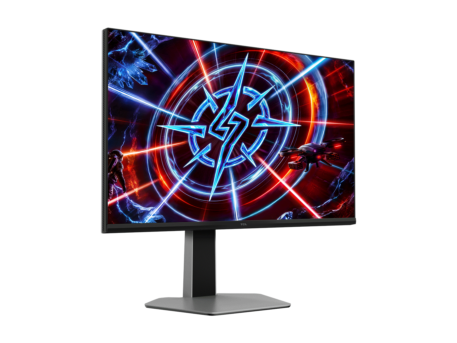 Un monitor da gioco TCL su supporto argentato mostra una grafica vivace con effetti di luce blu e rossa.