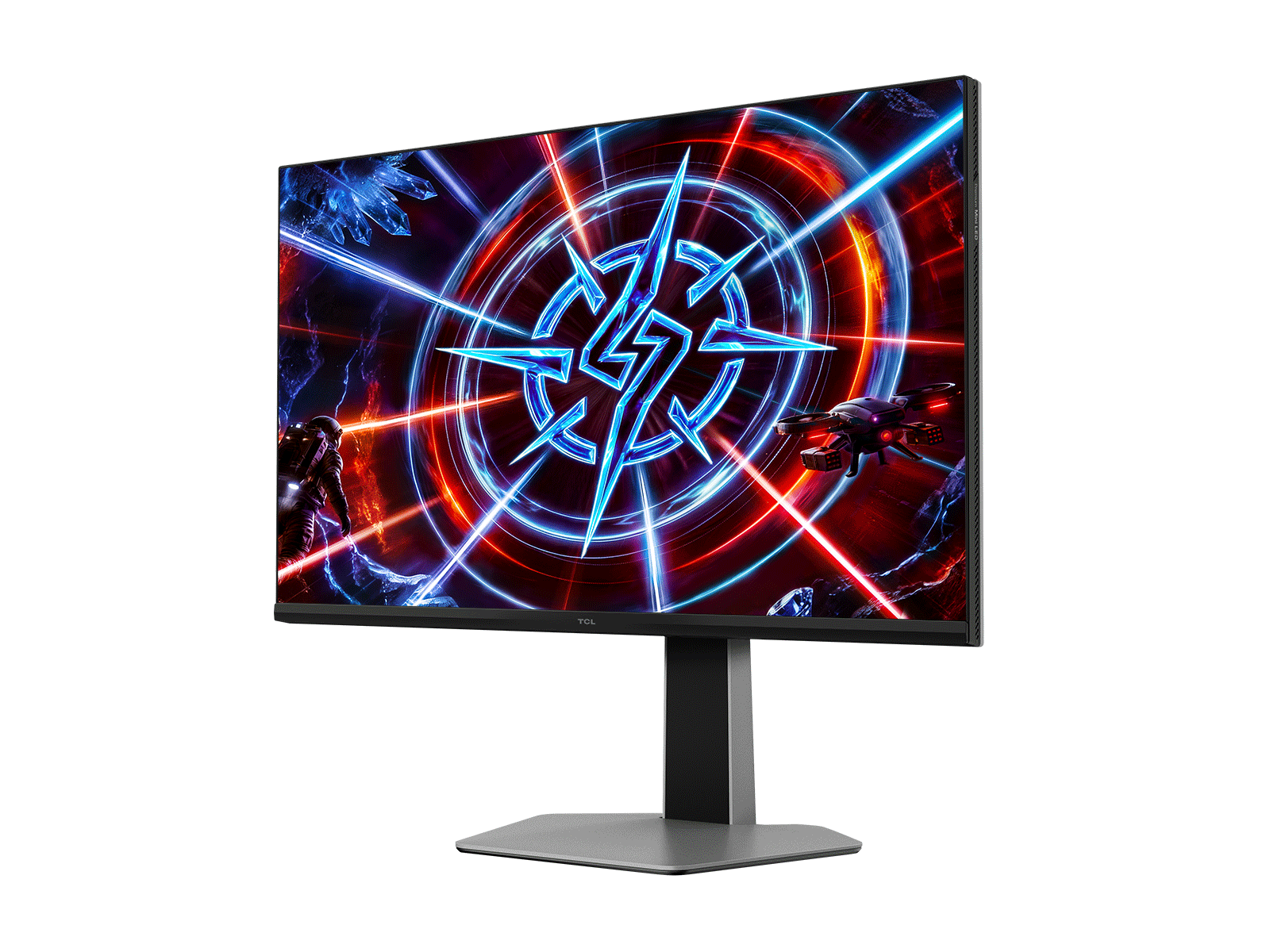 Un monitor da gioco TCL mostra una colorata scena sci-fi con un simbolo di energia blu e raggi rossi.