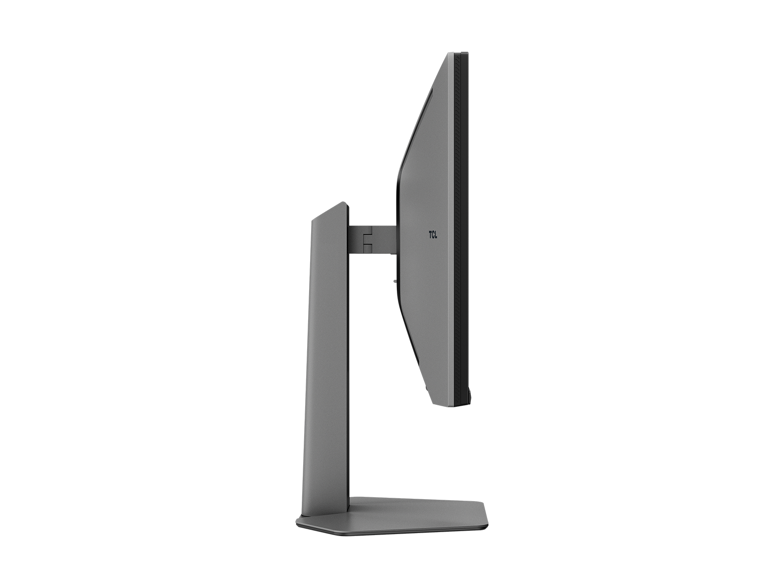 Vista laterale di un sottile monitor TCL grigio su supporto con sfondo nero.