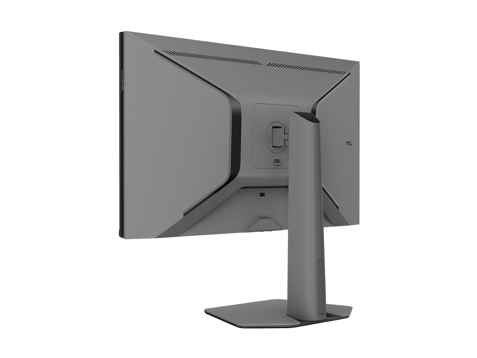 Vista posteriore di un monitor per computer TCL grigio con design a forma di X sul retro, montato su un supporto.