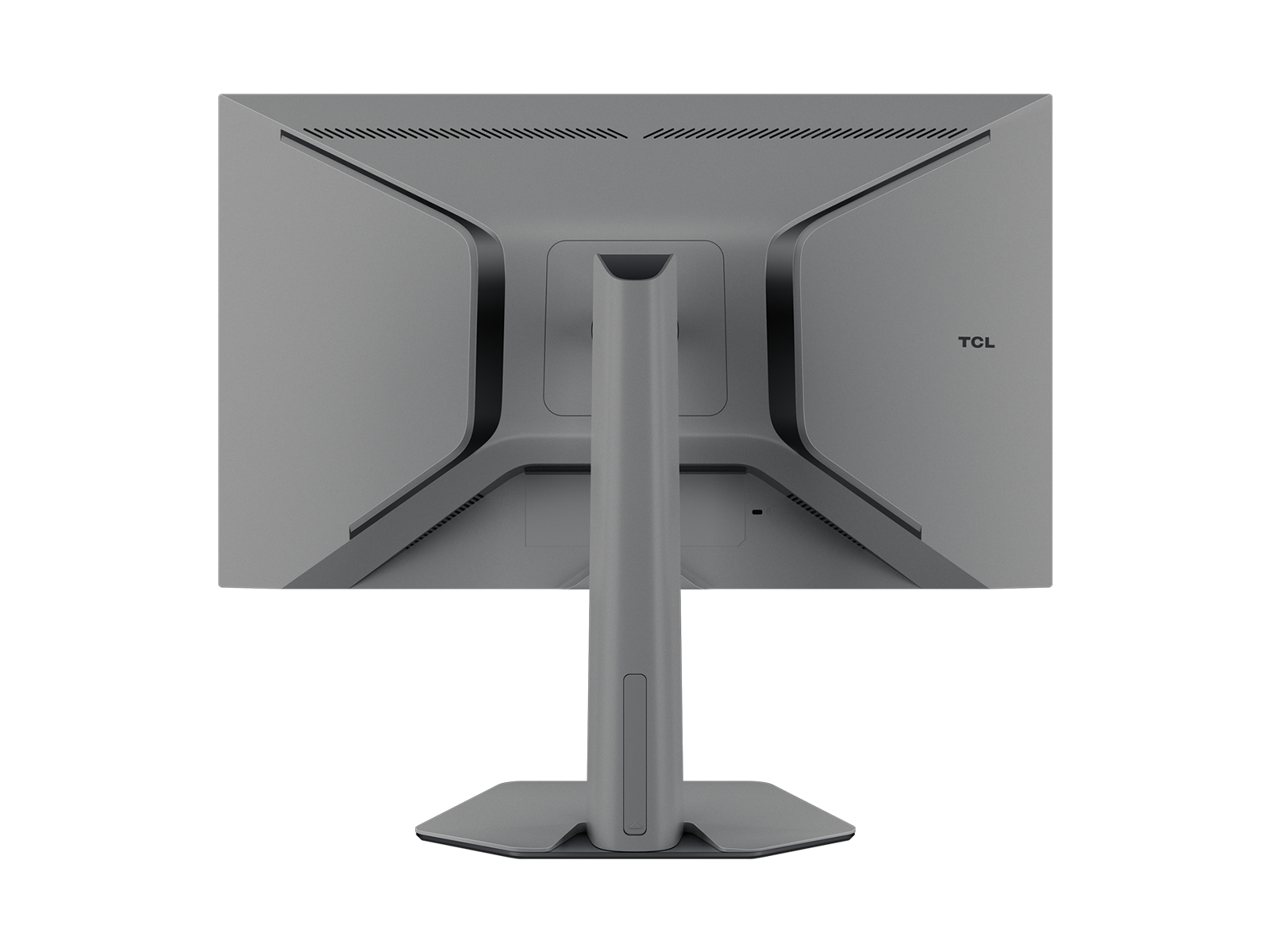 Vista posteriore di un monitor per computer TCL grigio con supporto e base su sfondo bianco.