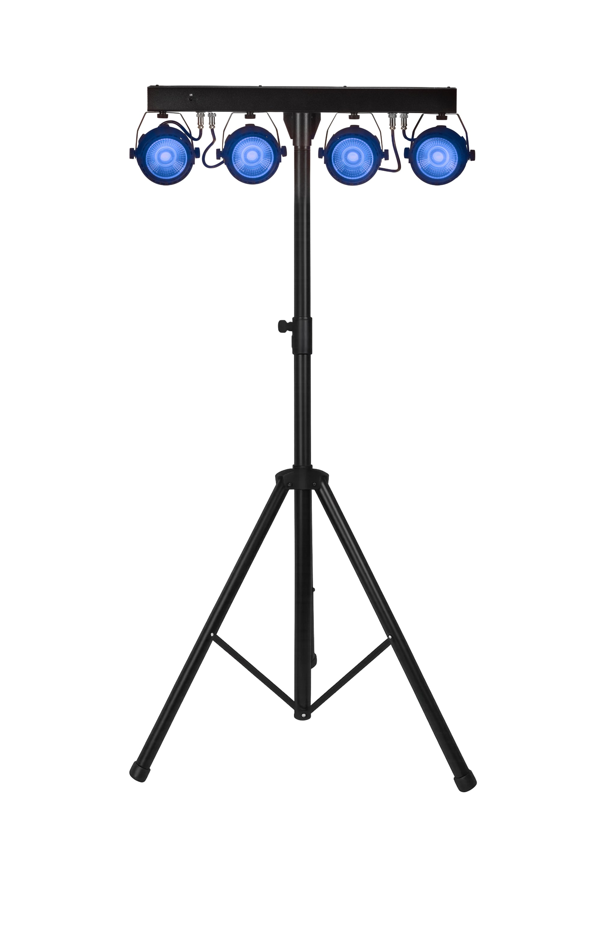Ein schwarzes Stativ trägt eine Leiste mit vier leuchtend blauen Bühnenscheinwerfern vor weißem Hintergrund.