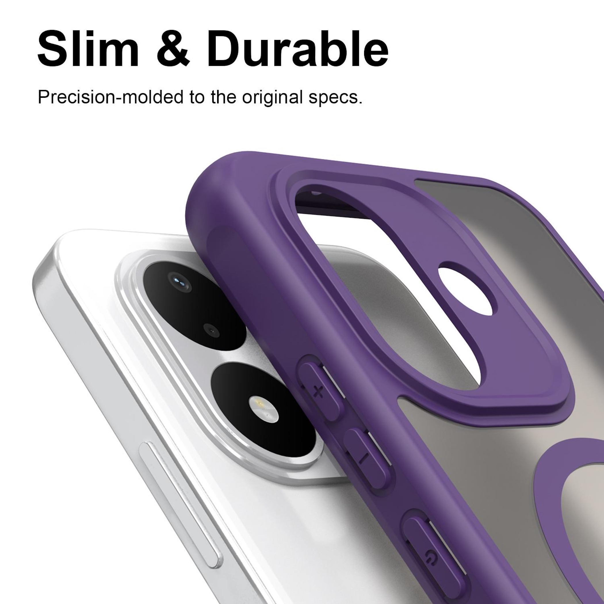Schlanke, langlebige violette Schutzhülle auf weißem Smartphone. Text: Slim & Durable.