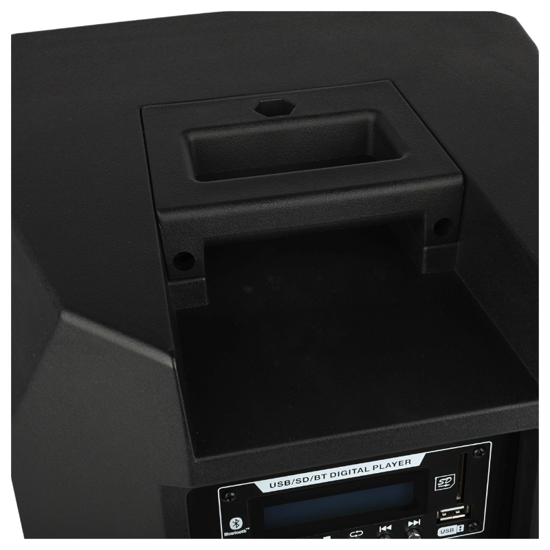 Oberseite eines schwarzen Lautsprechers mit integriertem Griff und digitalem USB/SD/BT-Player.