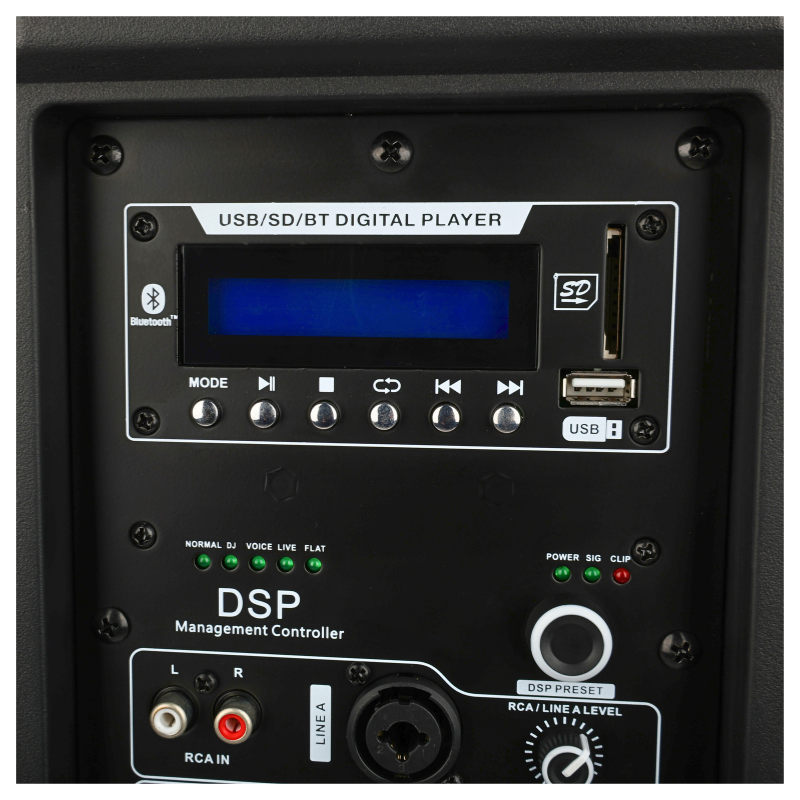 Rückseite eines Audio-Verstärkers mit USB-Port, SD-Kartenleser, Display und DSP-Steuerung.