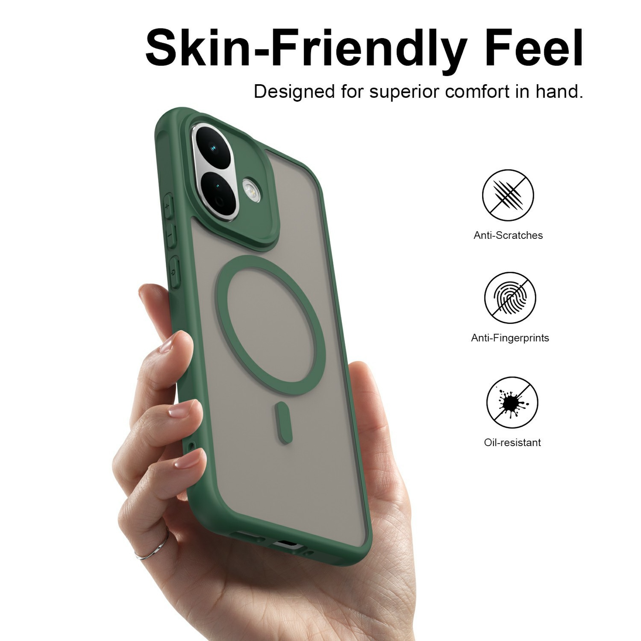 Hand hält eine grüne Smartphone-Hülle mit MagSafe und Symbolen für Kratz-, Fingerabdruck- und Ölabweisung.