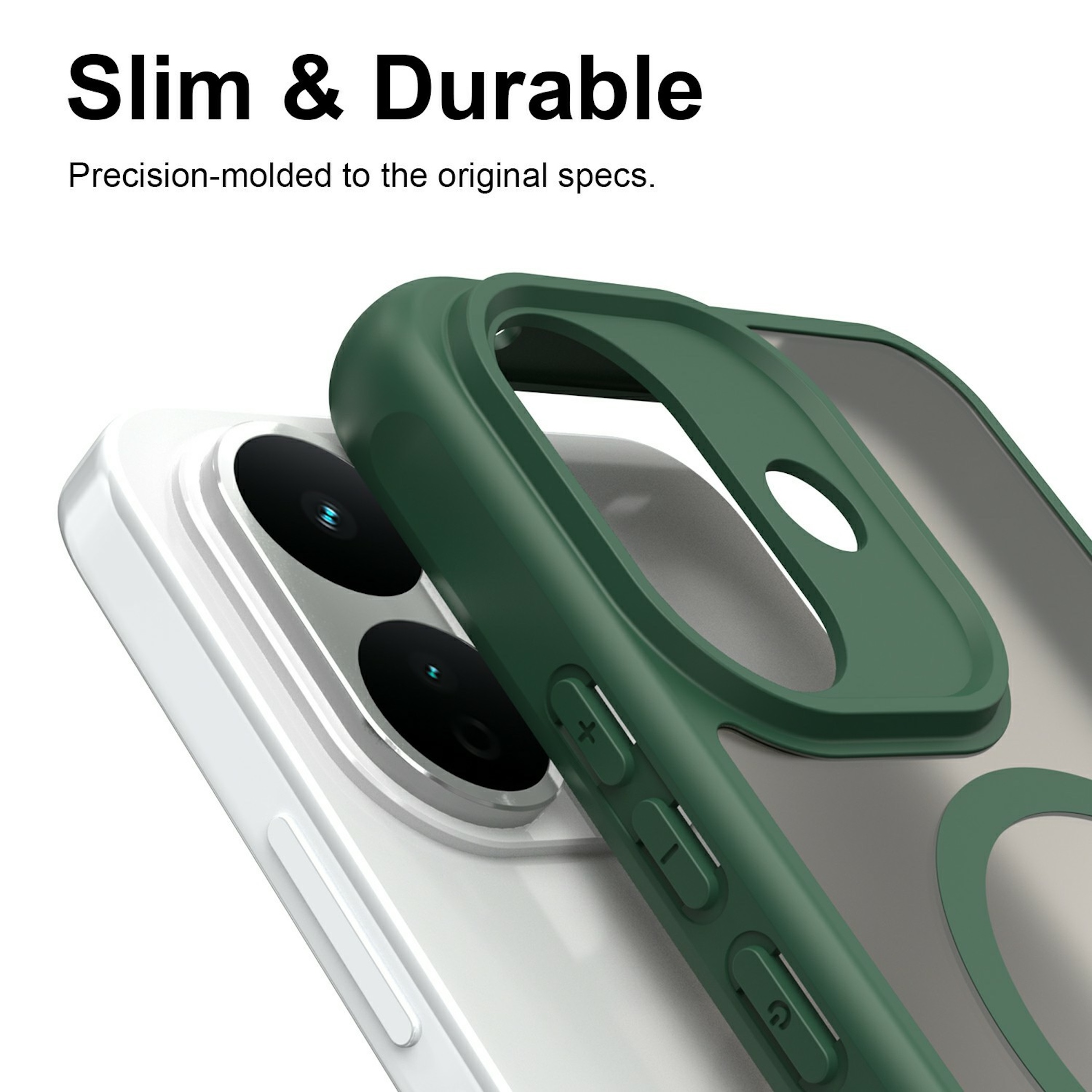 Eine grüne Handyhülle liegt auf einem weißen Smartphone. Text lautet Slim & Durable.
