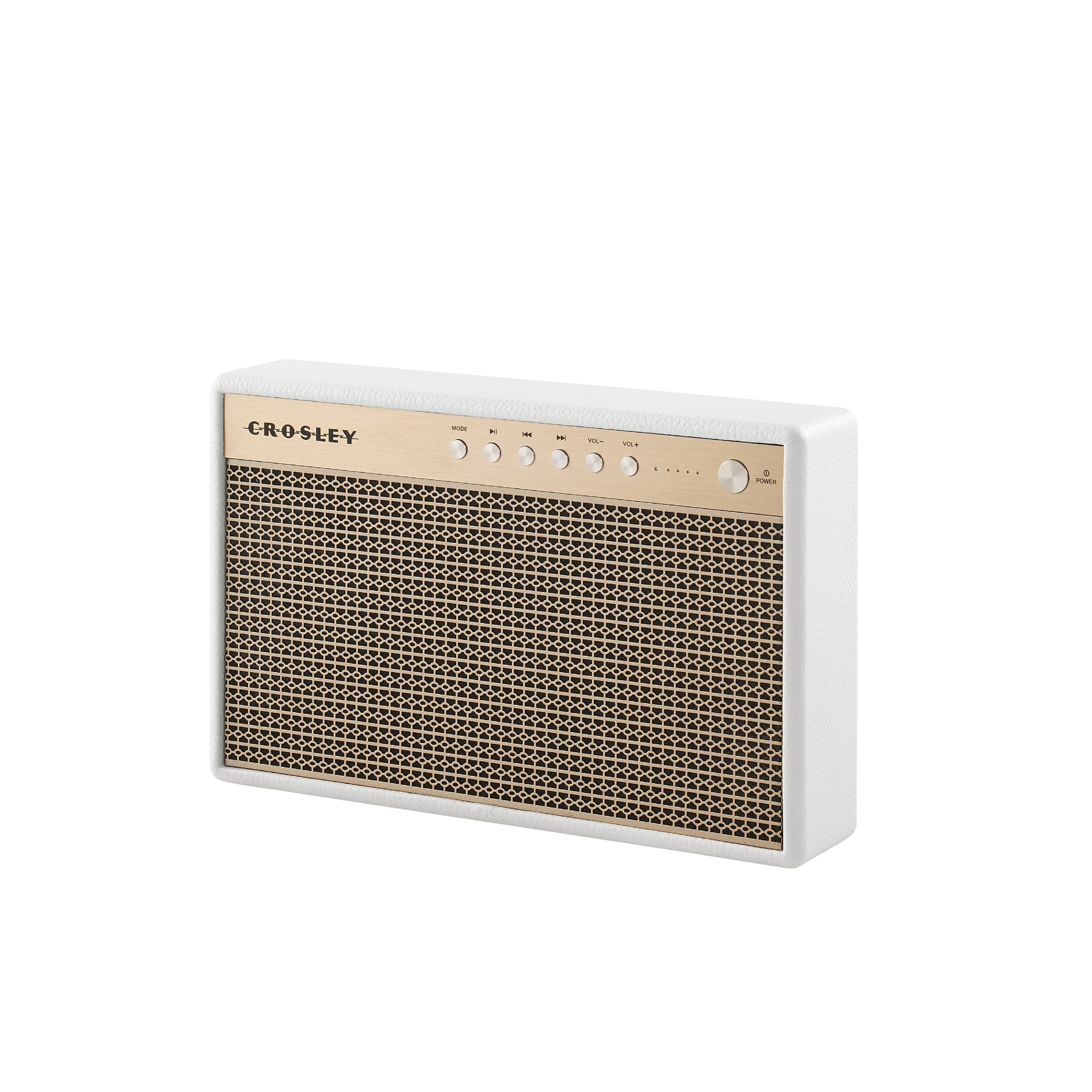 Ein weißer Crosley-Bluetooth-Lautsprecher mit goldenem Gitter und silbernen Reglern vor schwarzem Hintergrund.