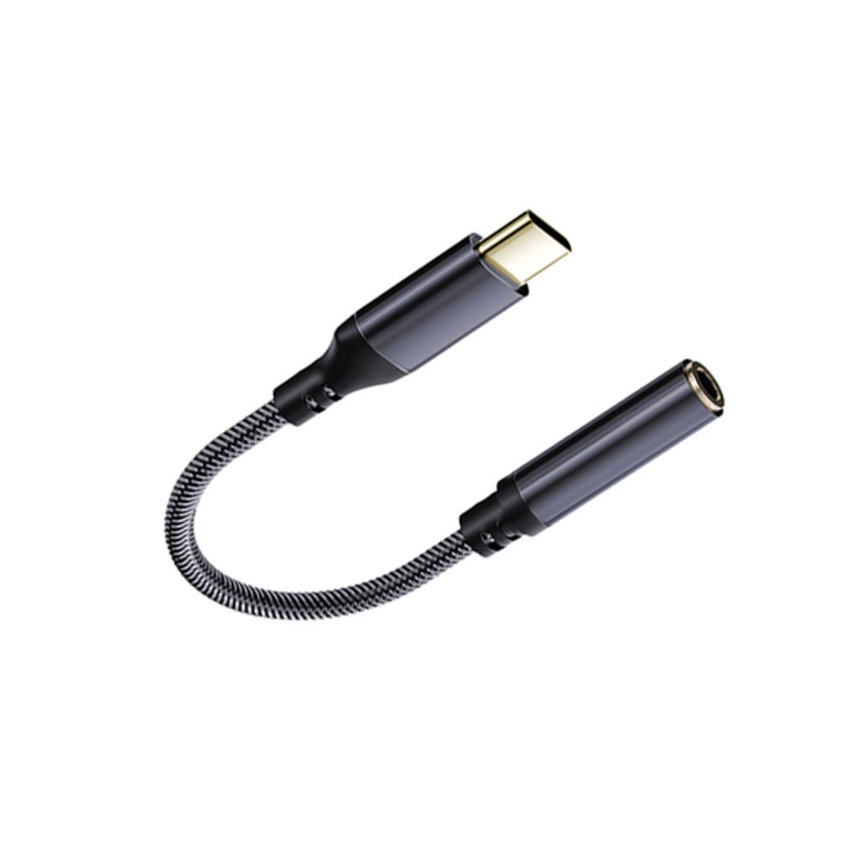 Ein USB-C-auf-3,5-mm-Klinken-Adapter mit geflochtenem Kabel.