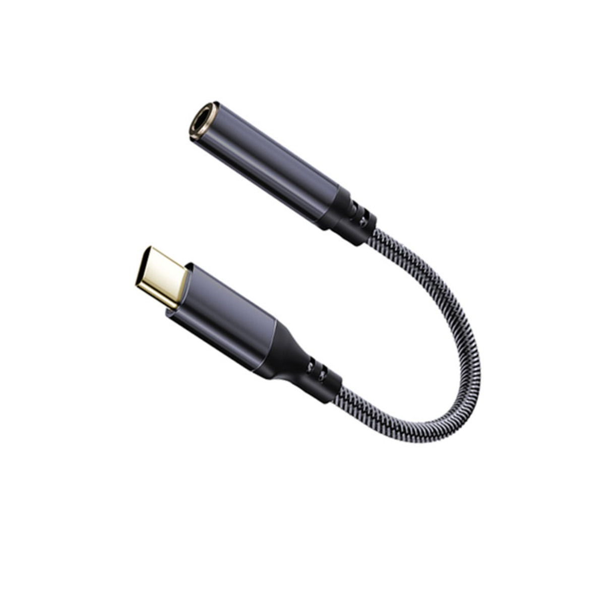 Ein USB-C-auf-3,5-mm-Audio-Adapterkabel mit grauem Metallgehäuse und geflochtenem Kabel auf weißem Hintergrund.