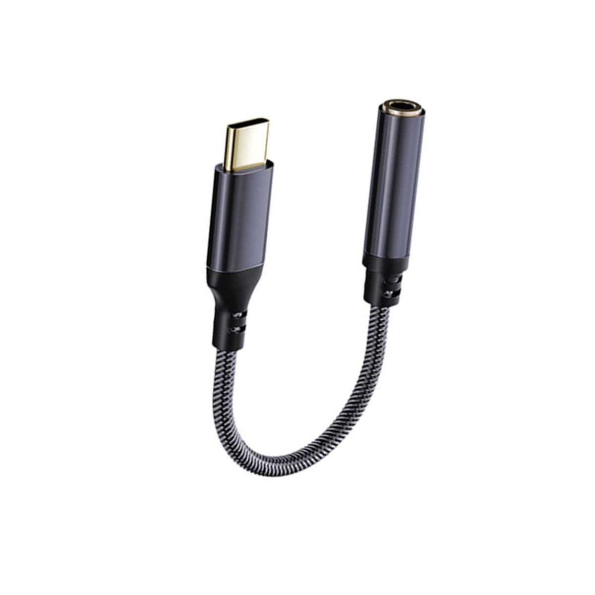 Ein schwarzes USB-C-auf-Klinke-Adapterkabel mit geflochtenem Kabel und goldenen Anschlüssen auf weißem Hintergrund.