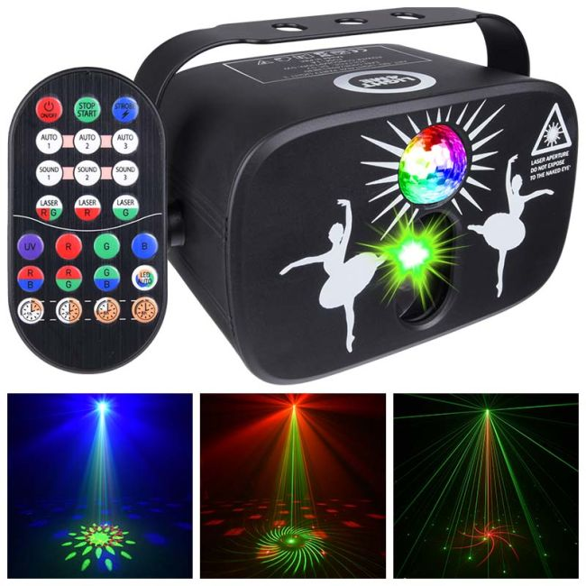 Schwarzer Partylaser mit Fernbedienung und bunten Lichteffekten.
