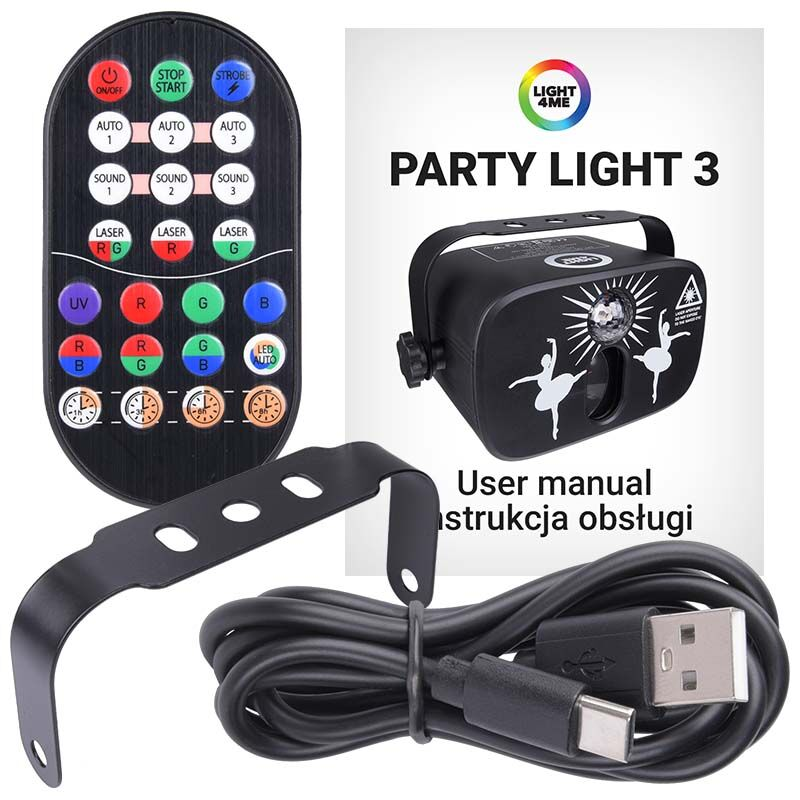 Party Light 3 mit Fernbedienung, Halterung und USB-Kabel.