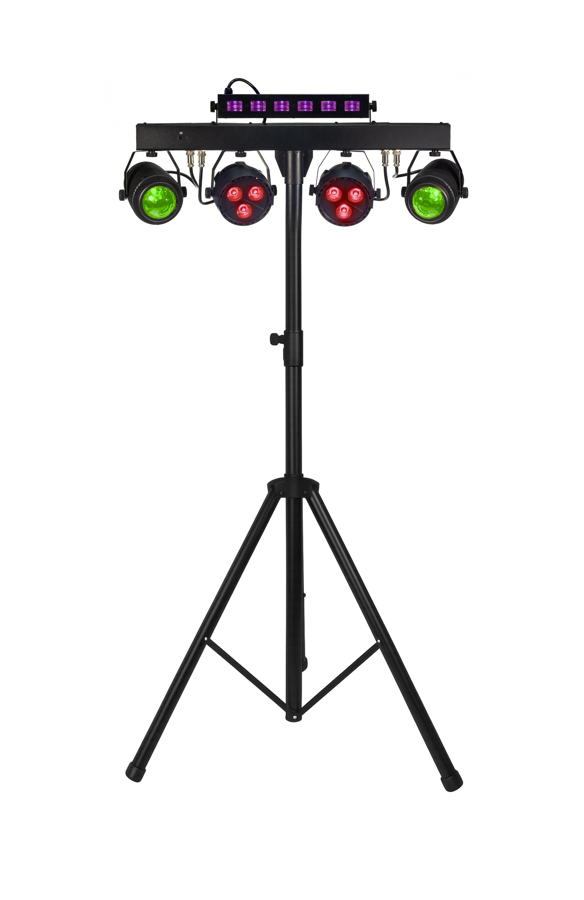 Schwarzes Bühnenlicht-Set auf einem dreibeinigen Stativ mit roten und grünen Leuchten vor weißem Hintergrund.